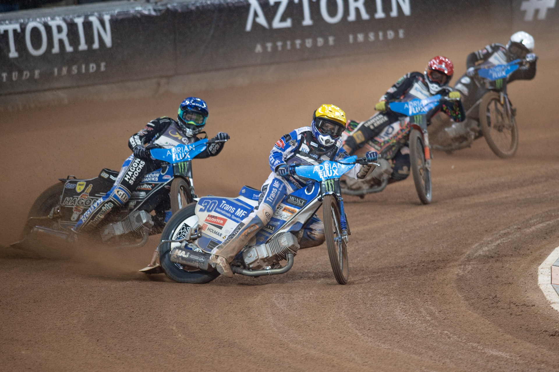 CARDIFF,WALES Leon Madsen (Yellow) leads Jason Doyle (Blue) Bartoz Zmarzlik (Red) and Tai Woffinden (White) during the ADRIAN FLUX BRITISH FIM SPEEDWAY GRAND PRIX at the Principality Stadium, Cardiff on Saturday 21st September 2019. (Credit: Ian Charles | MI News)