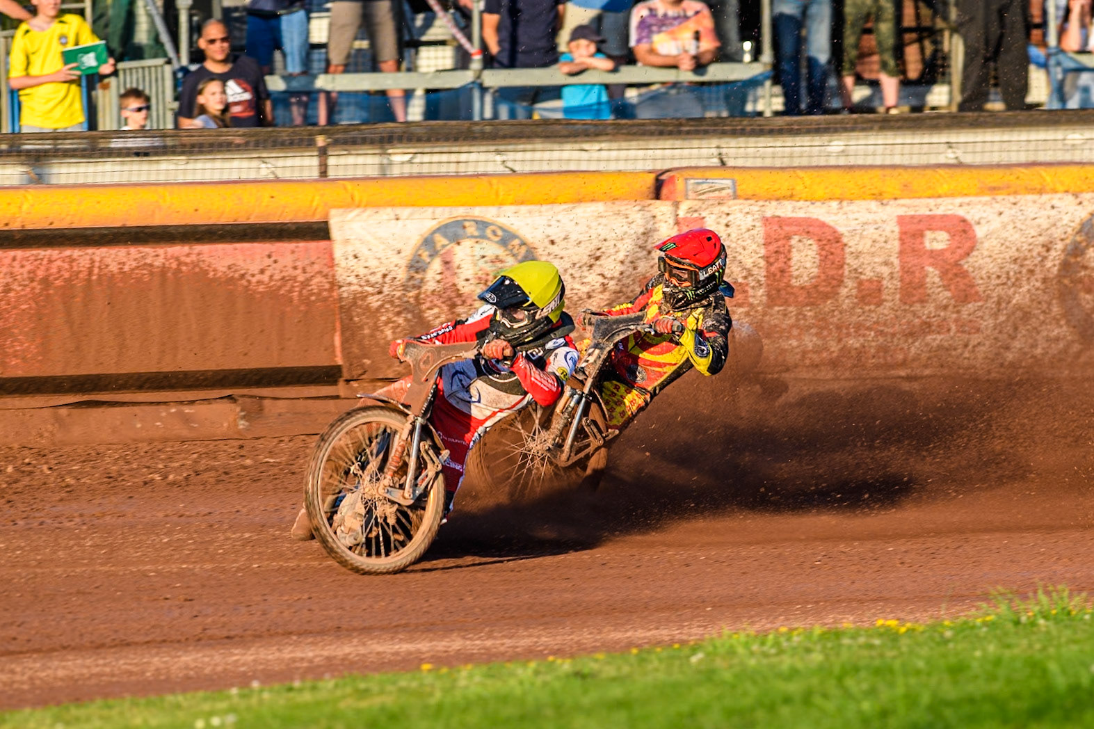 Belle Vue Aces' Brady Kurtz falls again in the rerun of Heat 1 on the first turn behind Belle Vue Aces' Norick Blodorn in Yellow and Birmingham Brummies' Freddie Lindgren in Red during the Rowe Motor Oil Premiership match between Birmingham Brummies and Belle Vue Aces at Perry Bar Stadium, Birmingham on Monday 29th July 2024. (Photo: Ian Charles | MI News)