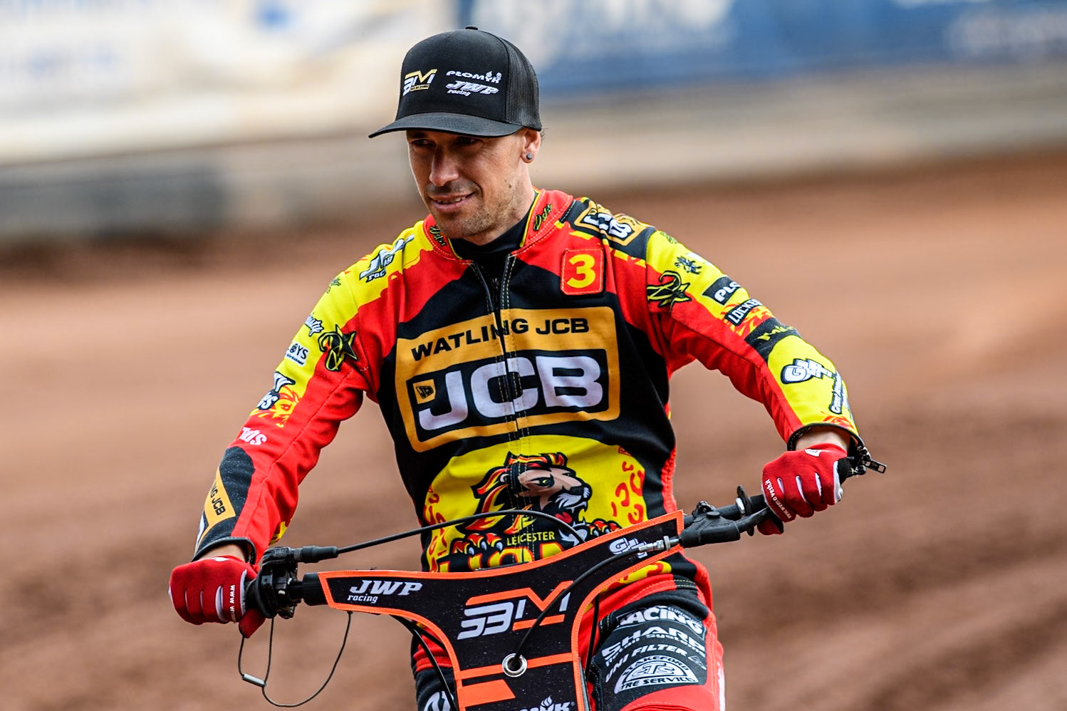 Leicester Lions' Sam Masters on the parade lap during the Rowe Motor Oil Premiership match between Leicester Lions and Belle Vue Aces at the Pidcock Motorcycles Arena, Leicester on Thursday 25th July 2024. (Photo: Ian Charles | MI News)