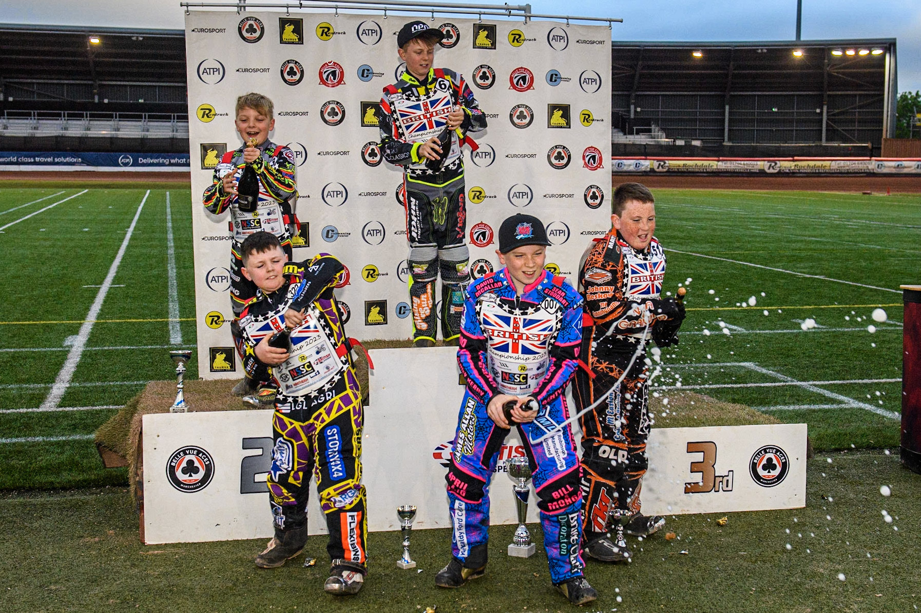 Fizzy pop celebrations during the British Youth Championships at the National Speedway Stadium, Manchester on Friday 12th May 2023. (Photo: Ian Charles | MI News)