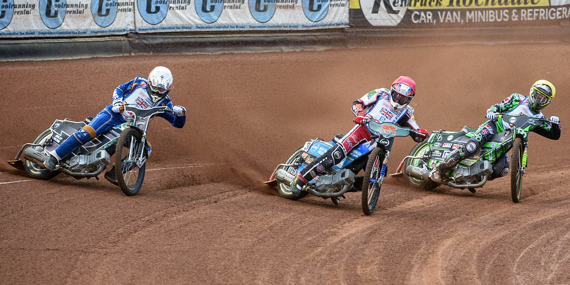 MANCHESTER, UK. AUGUST 16TH   Steve Worrall  (Red) leads Charles Wright  (Yellow) and Richard Lawson (White) during the Sports Insure British Speedway Finals at the National Speedway Stadium, Manchester on Monday 16th August 2021. (Credit: Ian Charles | MI News)
