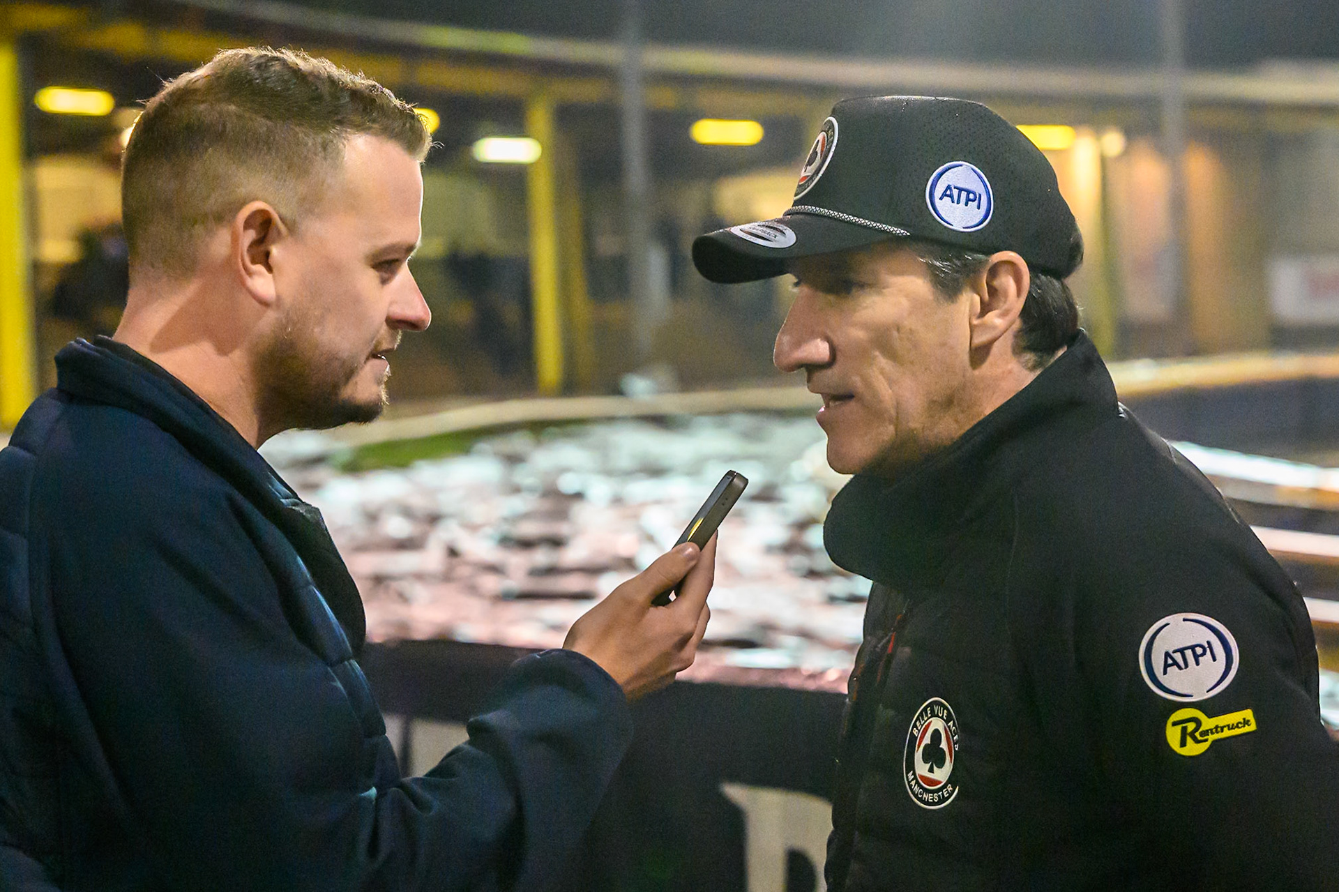 Mark Lemon, Team Manager of Belle Vue Aces (Right) is interviewed by Ryan Guest during the Rowe Motor Oil Premiership Grand Final 1st Leg match between Sheffield Tigers and Belle Vue Aces at Owlerton Stadium, Sheffield on Monday 12th October 2026. (Photo: Ian Charles | MI News)