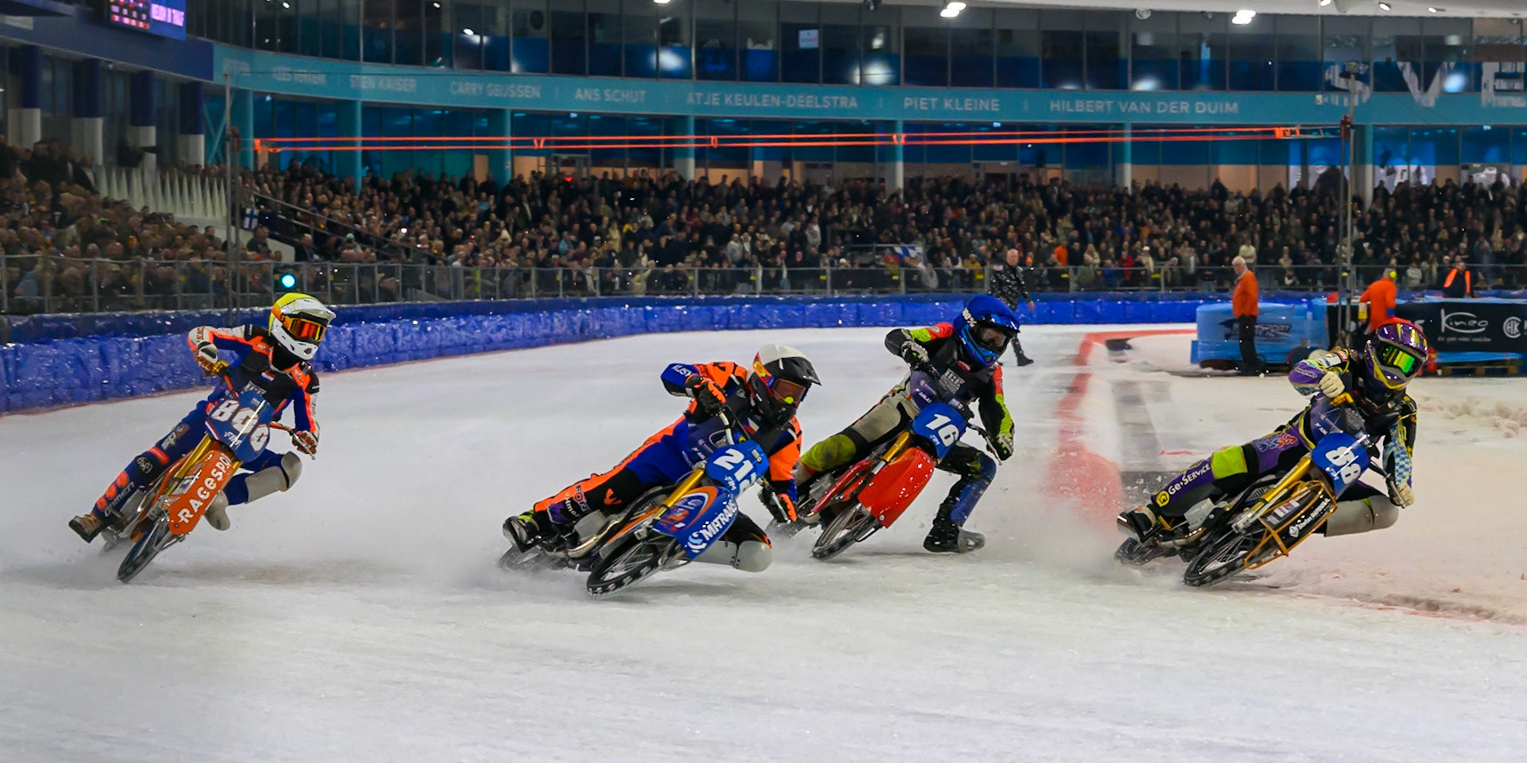 (L to R) Jasper Iwema (800) of The Netherlands  in Yellow, Lukas Hutla (212) of Czechia  in White, Wild Card Harald Simon (16) of Austria in Blue and Max Niedermaier (88) of Germany  in Red during the FIM Ice Speedway Gladiators World Championship Final 3 at Ice Rink Thialf, Heerenveen on Saturday 11th April 2026. (Photo: Ian Charles | MI News)