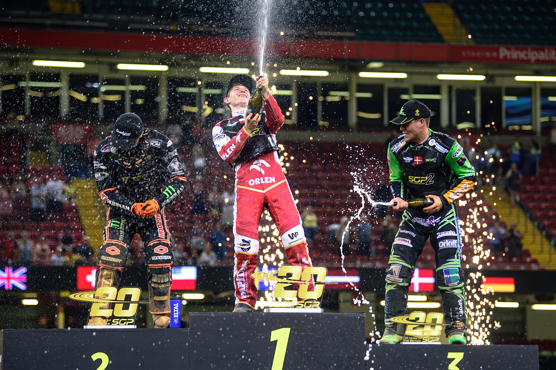 Champagne celebrations during the FIM  Speedway Grand Prix  2 of Great Britain at the Principality Stadium, Cardiff on Sunday 14th August 2022. (Credit: Ian Charles | MI News)