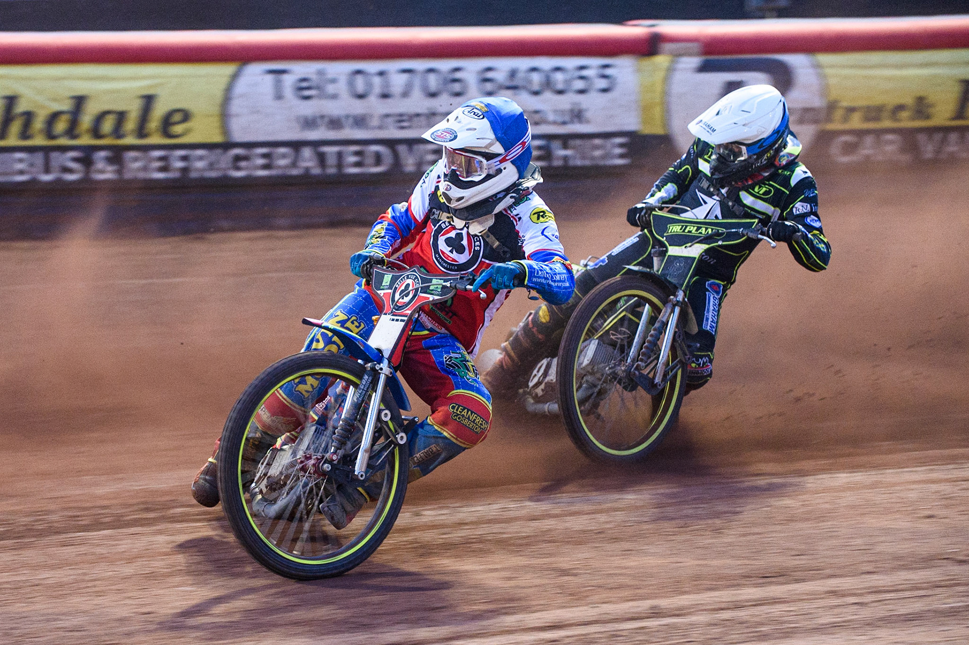 MANCHESTER UK Simon Lambert (Blue) leads Craig Cook (White) during the SGB Premiership match between Belle Vue Aces and Ipswich Witches at the National Speedway Stadium, Manchester on Monday 2nd August 2021. (Credit: Ian Charles | MI News)