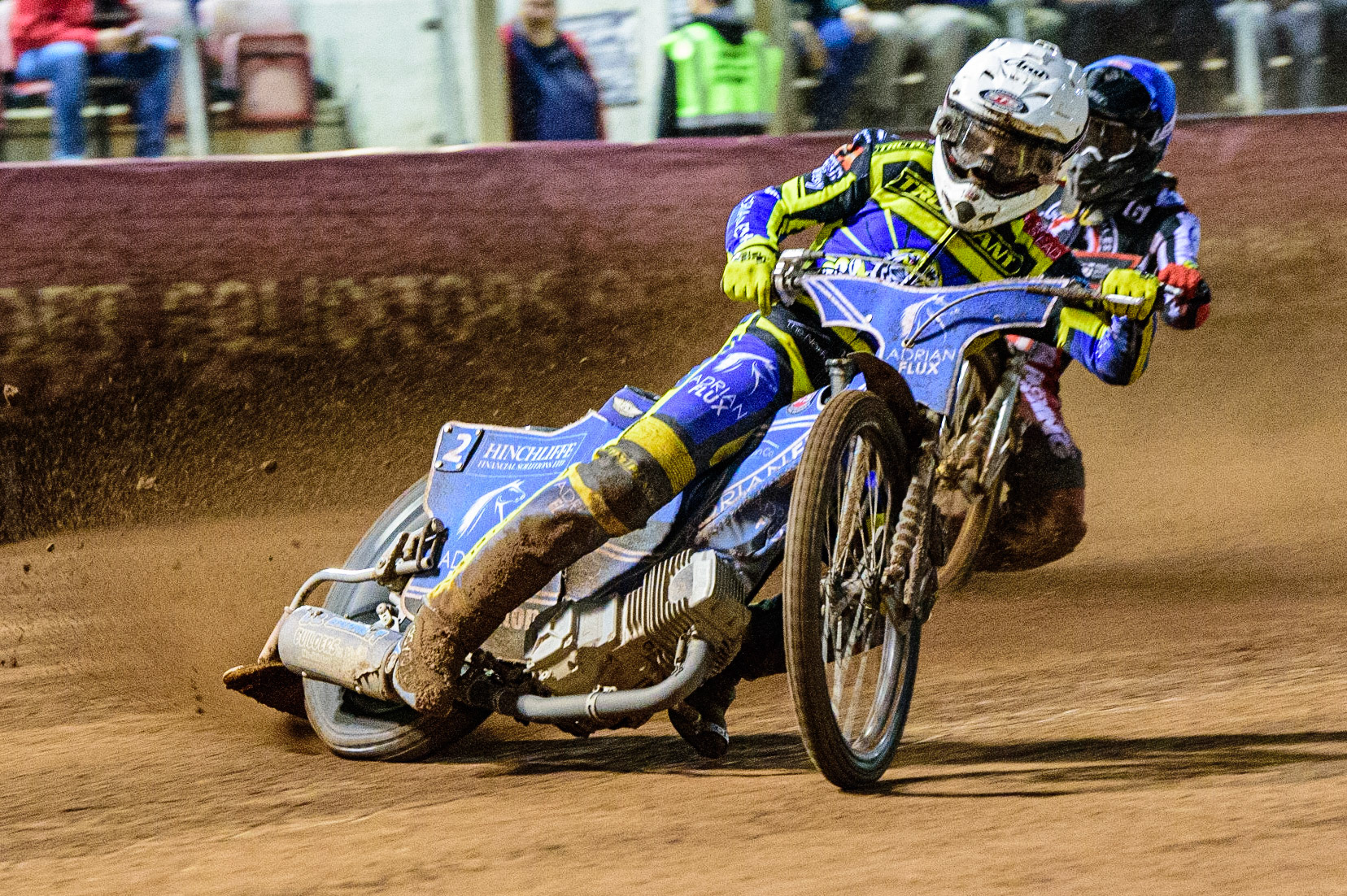 Lewis Kerr  (White) leads Norick Blödorn  (Blue) during the SGB Premiership Grand Final 1st leg between Belle Vue Aces and Sheffield Tigers at the National Speedway Stadium, Manchester on Monday 10th October 2022. (Credit: Ian Charles | MI News)