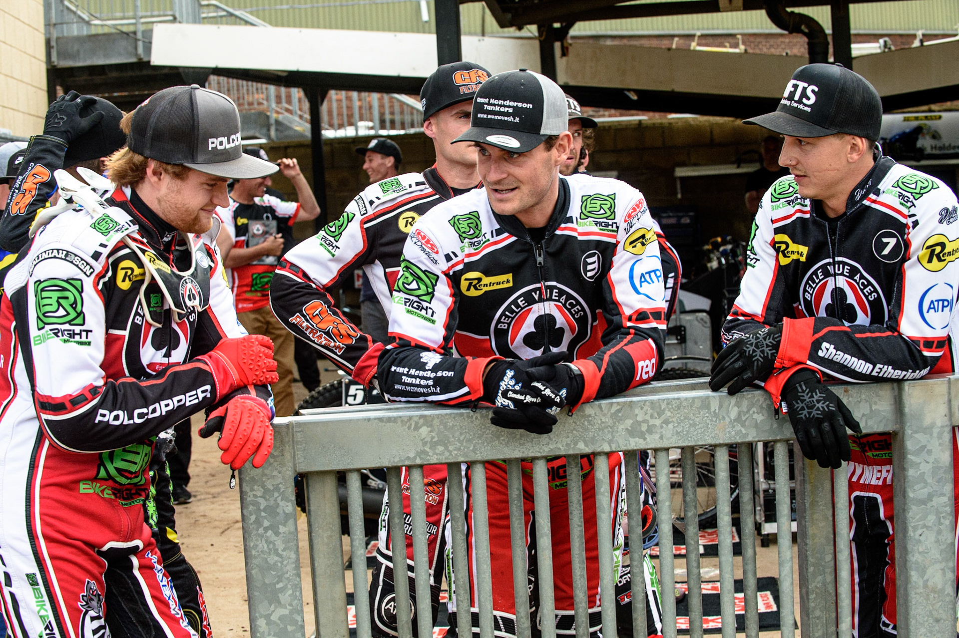 SHEFFIELD, UK. JULY 1ST     Belle Vue BikeRight Aces  riders (l-r) Brady Kurtz , Steve Worrall, and Jye Etheridge  during the SGB Premiership match between Sheffield Tigers and Belle Vue Aces at Owlerton Stadium, Sheffield on Thursday 1st July 2021. (Credit: Ian Charles | MI News)