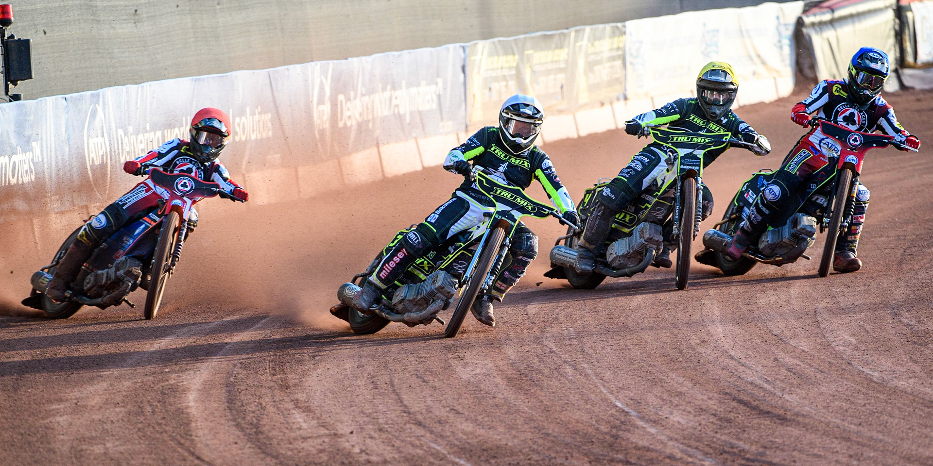 Danny King (White) leads Erik Riss (Yellow), Tom Brennan (Blue) and Brady Kurtz (Red) during the Sports Insure Premiership match between Belle Vue Aces and Ipswich Witches at the National Speedway Stadium, Manchester on Monday 17th July 2023. (Photo: Ian Charles | MI News)
