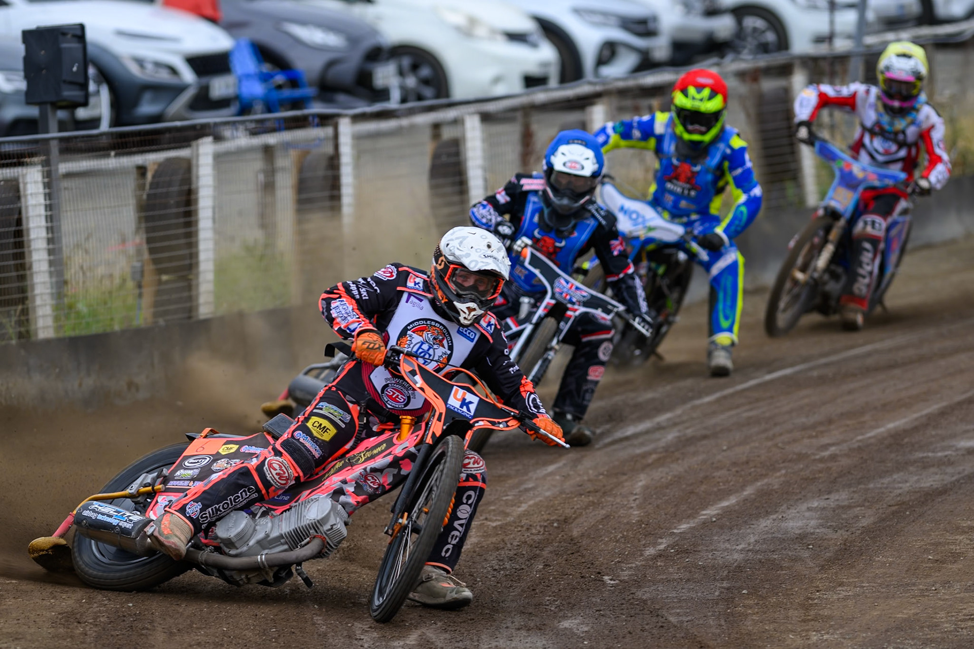 Alex Spooner of Middlesborough Tigers in White leading Jack Shimelt of Buxton Bulls in Blue , Will Boraston of Buxton Bulls in Red  and Stene Pijper of Middlesborough Tigers in Yellow during the WSRA National Development League match  between Buxton Bulls and Middlesborough Tigers at Hi-Edge Speedway, Buxton on Sunday 16th August 2026. (Photo: Ian Charles | MI News)