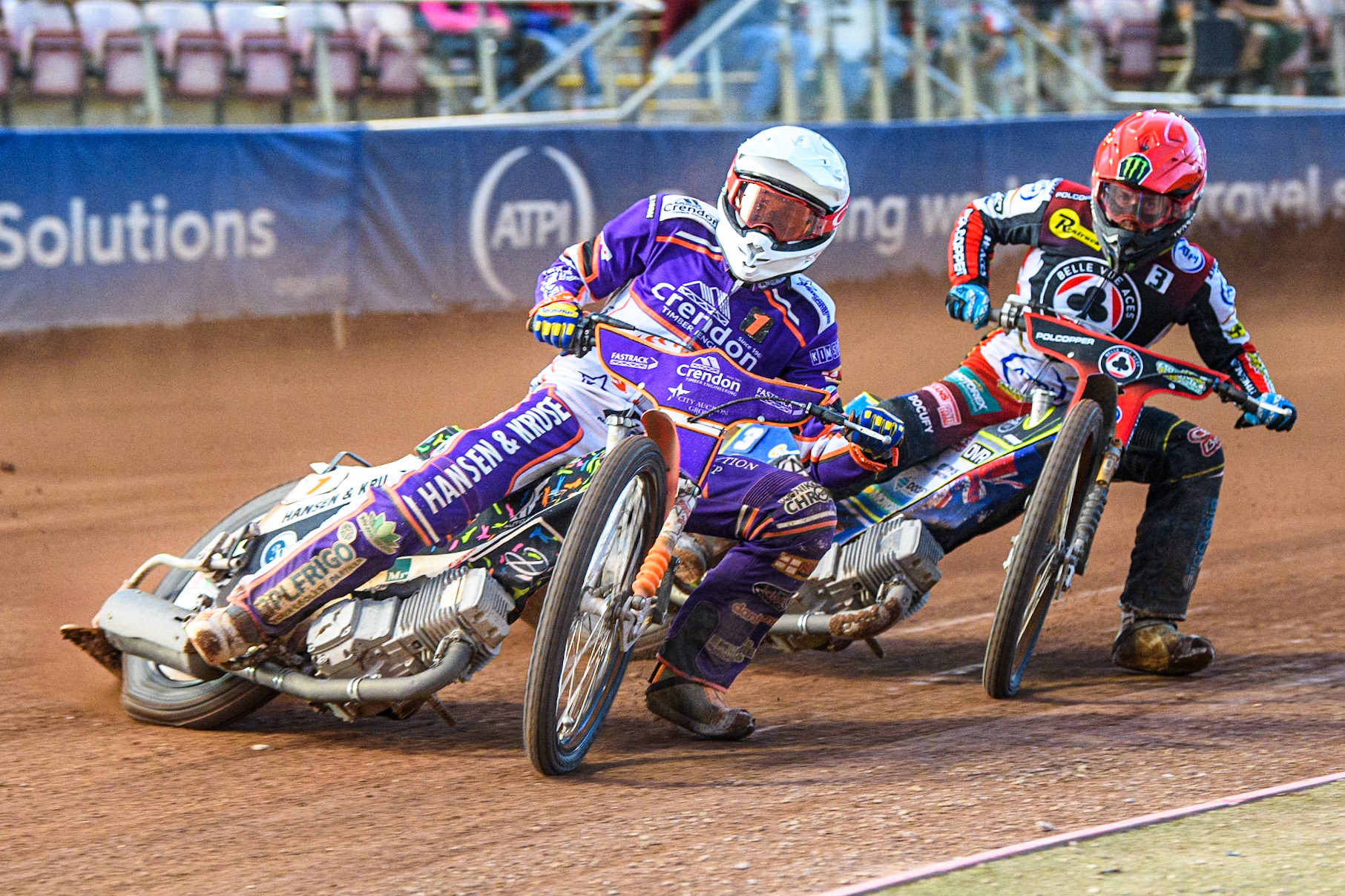 Niels-Kristian Iversen  \(White)l\ Jaimon Lidsey (Red) during the Sports Insure Premiership match between Belle Vue Aces and Peterborough at the National Speedway Stadium, Manchester on Monday 19th June 2023. (Photo: Ian Charles | MI News)