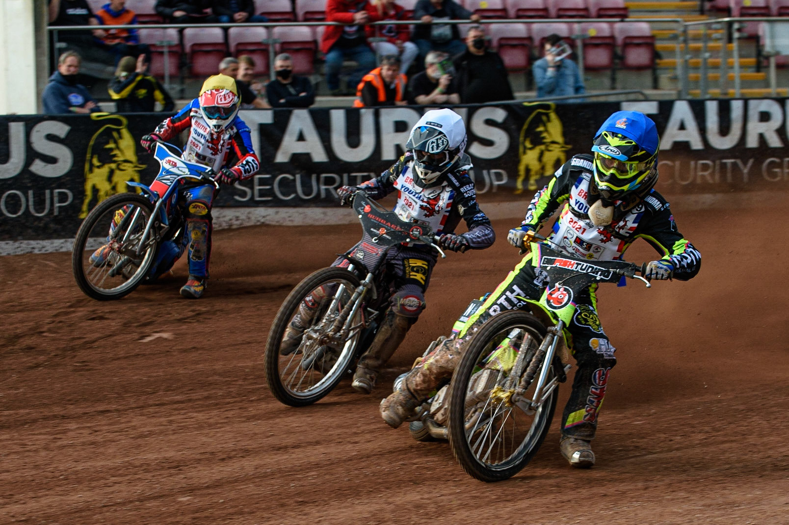 MANCHESTER, UK. MAY 28TH   Alex Goldsborough  (Blue) inside Vinnie Foord  (White) and Cameron Taylor  (Yellow) during the British Junior Championship at the National Speedway Stadium, Manchester on Friday 28th May 2021. (Credit: Ian Charles | MI News)