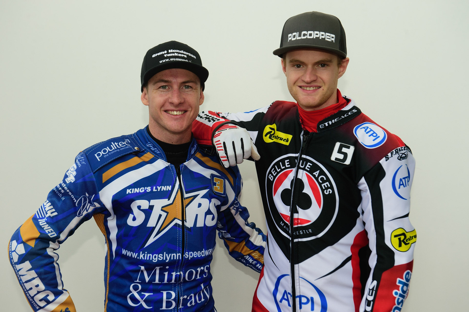 MANCHESTER, UK. APRIL 12TH: Josh Pickering (left) with Belle Vue’s Brady Kurtz at the Discovery Networks Eurosport Speedway Season Launch at the National Speedway Stadium, Manchester on Tuesday 12th April 2022 (Credit: Ian Charles | MI News)