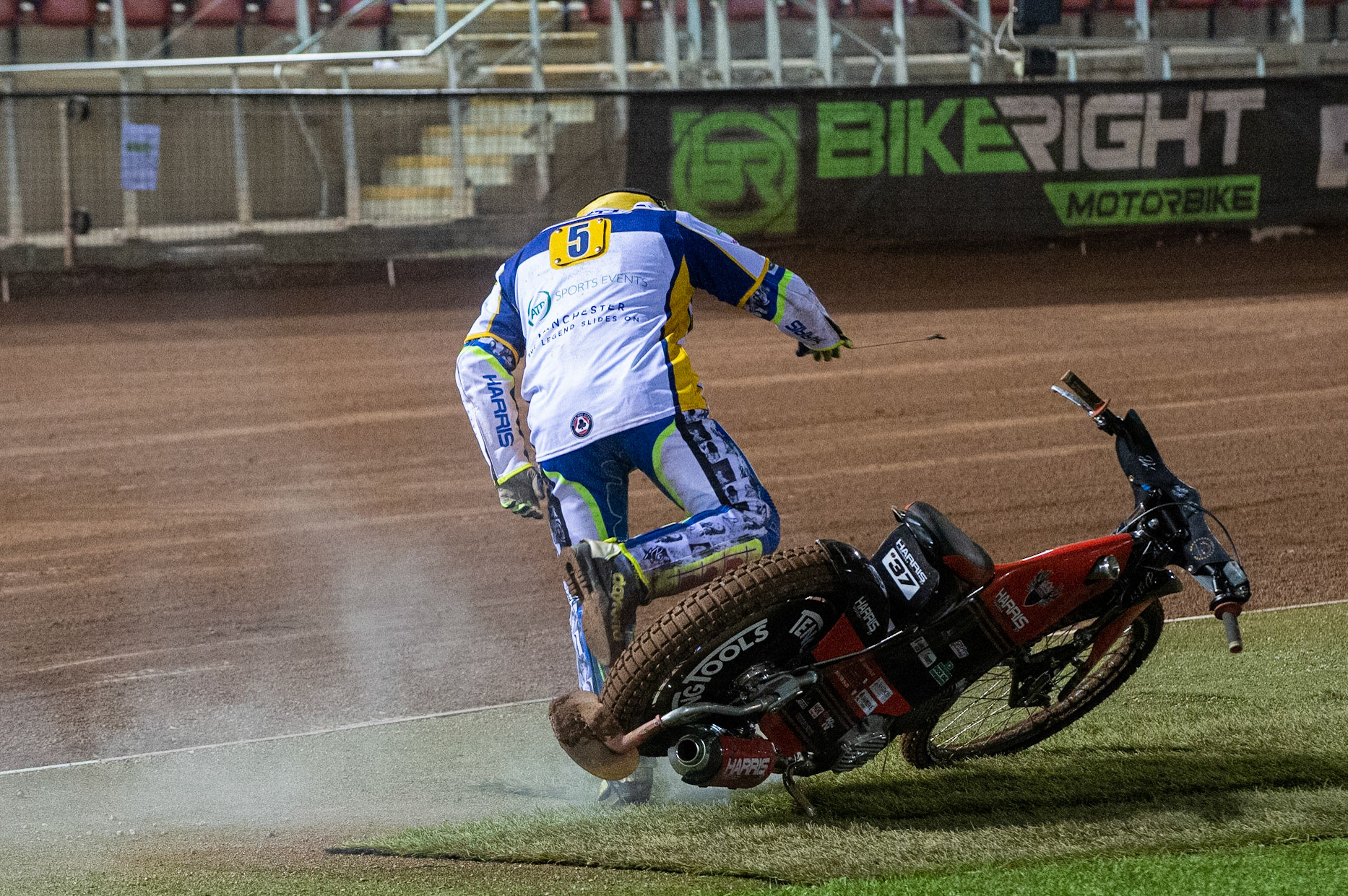 Photo: Ian CharlesJordan Palin of Belle Vue 'BikeRight' Aces (Blue) leads Chris Harris of the 'ATPI' All StarsBelle Vue ‘Bikerite ’Aces v ‘ATPI’ All Stars, Premiership Challenge, National Speedway Stadium, Manchester Thursday  24  September  2020