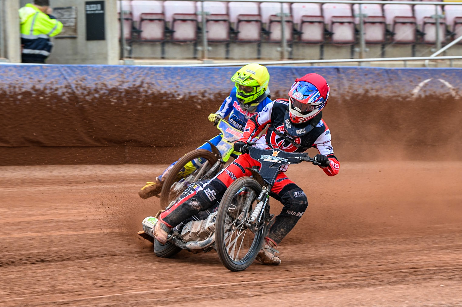 Belle Vue Colts' Freddy Hodder  in Red rides inside Oxford Chargers' Jacob Clouting  in Yellow behind during the WSRA National Development League match between Belle Vue Colts and Oxford Chargers at the National Speedway Stadium, Manchester on Sunday 1st June 2025. (Photo: Ian Charles | MI News)