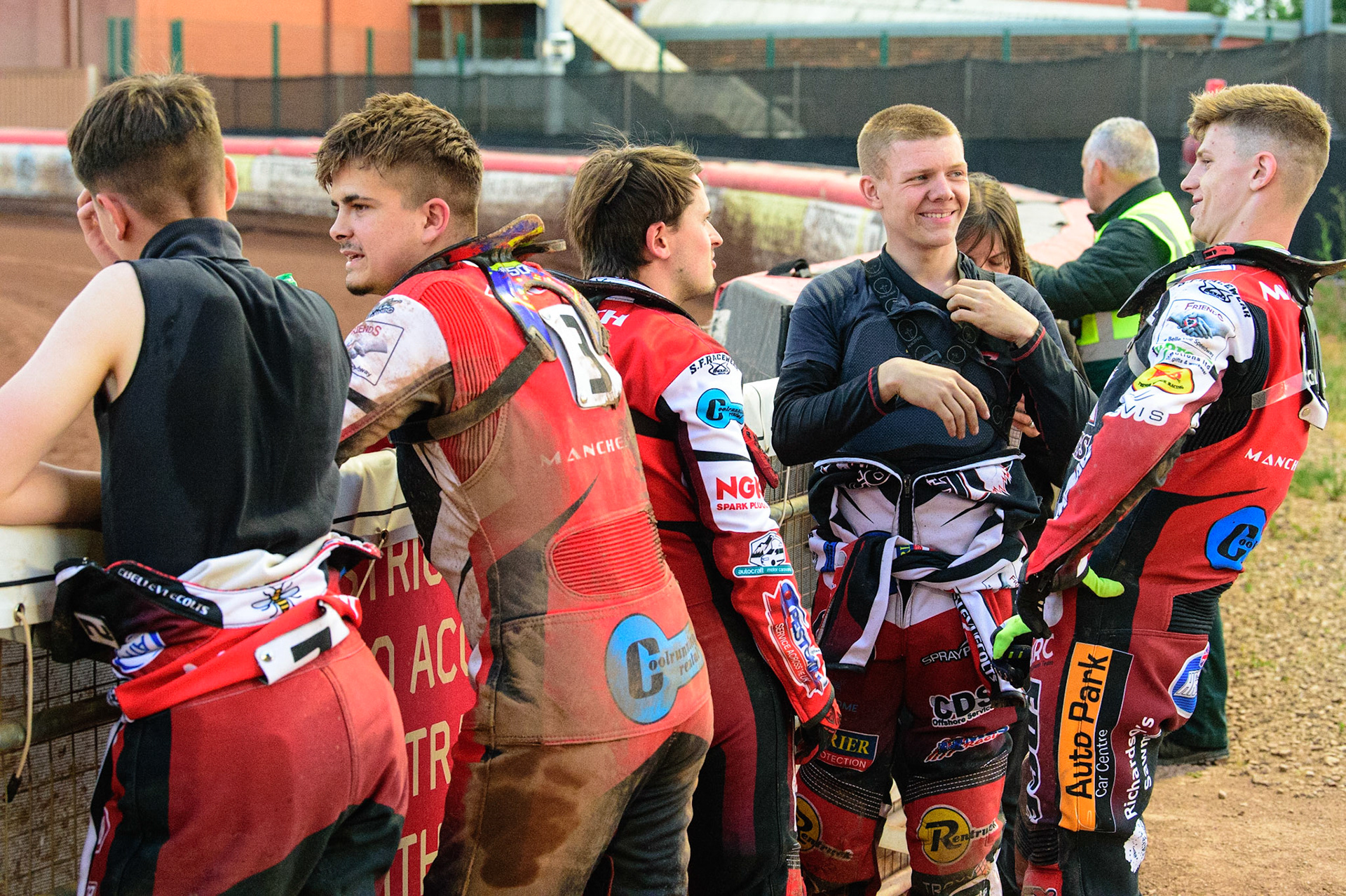 Members of the Belle Vue Cool Running Colts  during a break in racing during the National Development League match between Belle Vue Colts and Mildenhall Fens Tigers at the National Speedway Stadium, Manchester on Friday 15th July 2022. (Credit: Ian Charles | MI News)