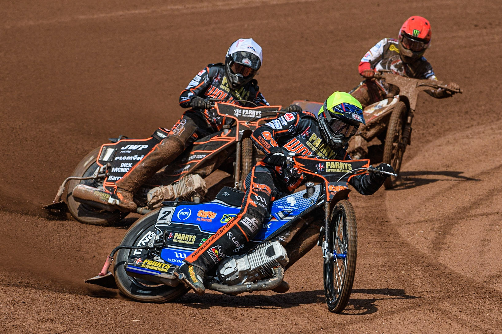 Steve Worrall (Yellow) leads Sam Masters (White) and Dan Bewley (Red) during the Sports Insure Premiership match between Belle Vue Aces and Wolverhampton Wolves at the National Speedway Stadium, Manchester on Monday 29th May 2023. (Photo: Ian Charles | MI News)
