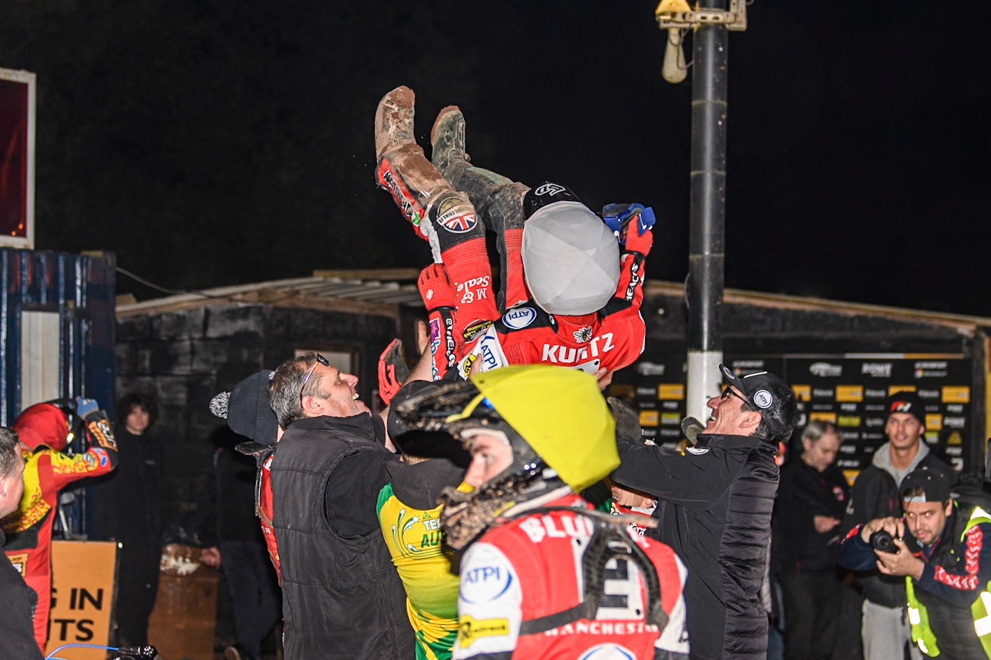 Belle Vue Aces' Brady Kurtz gets the bumps after his heat 10 win gives Belle Vue the Championship during the Rowe Motor Oil Premiership Grand Final 2nd Leg between Leicester Lions and Belle Vue Aces at the Pidcock Motorcycles Arena, Leicester on Thursday 26th September 2024. (Photo: Ian Charles | MI News)