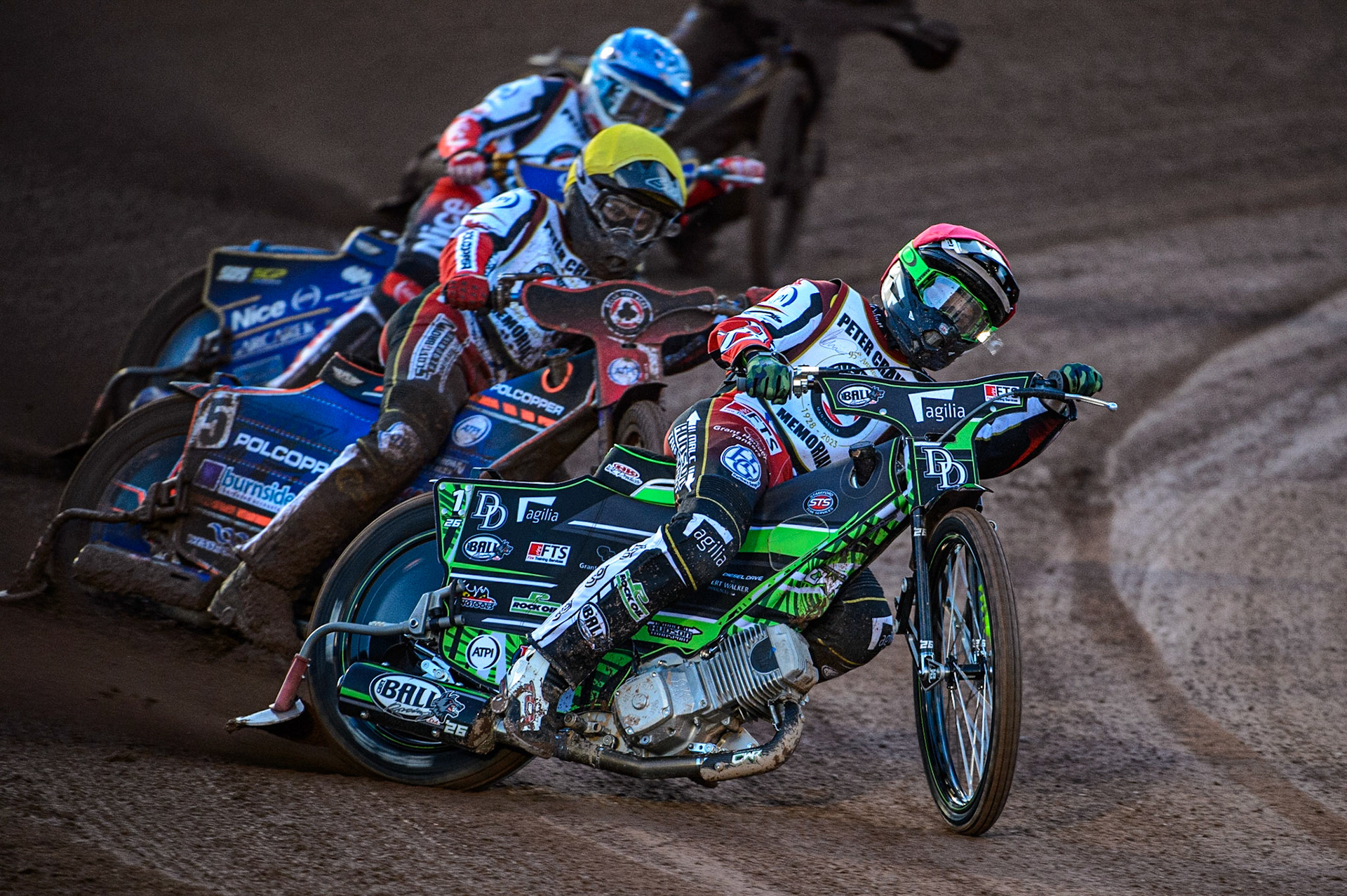 Charles Wright  (Red) leads Brady Kurtz  (Yellow) and Robert Lambert (Blue) during the Peter Craven Memorial Trophy  at the National Speedway Stadium, Manchester on Monday 3rd April 2023. (Photo: Ian Charles | MI News)