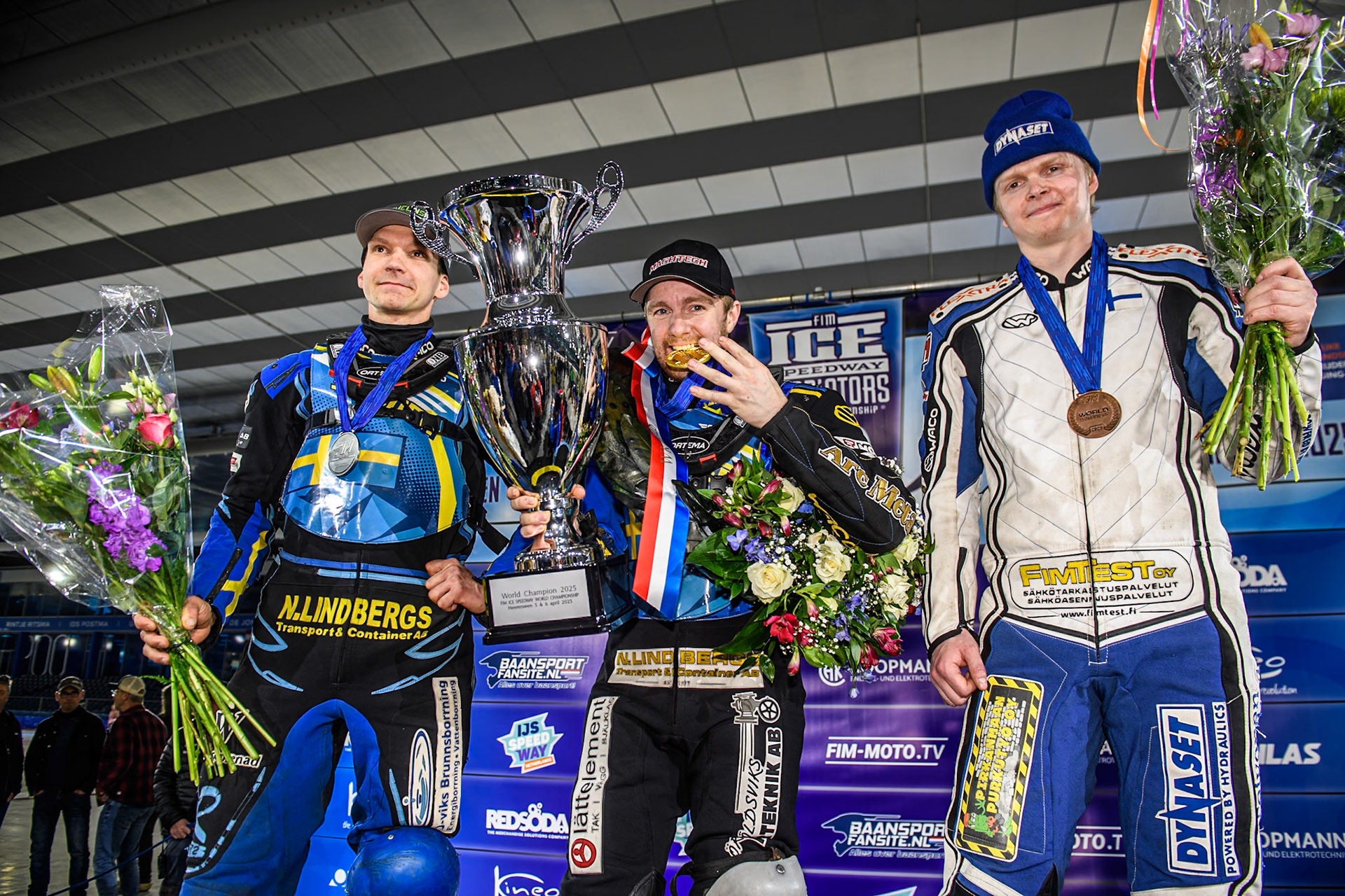 World Championship Top 3: (L to R) Niclas Svensson (Silver), Martin Haarahiltunen (Gold) Max Koivula (Bronze) during the FIM Ice Speedway Gladiators World Championship, Final 4 at the Ice Stadium, Thialf, Heerenveen on Sunday 6th April 2025. (Photo: Ian Charles | MI News)