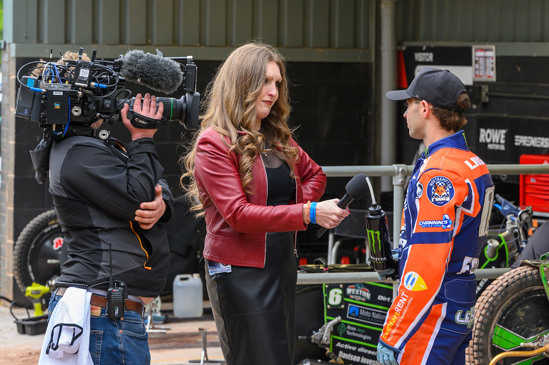 Jaimon Lidsey of Northampton Foxes  is interviewed by the BVTV presenter Vicki Monk during the Rowe Motor Oil Premiership match between Belle Vue Aces and Northampton Foxes at the National Speedway Stadium, Manchester on Monday 4th May 2026. (Photo: Ian Charles | MI News)