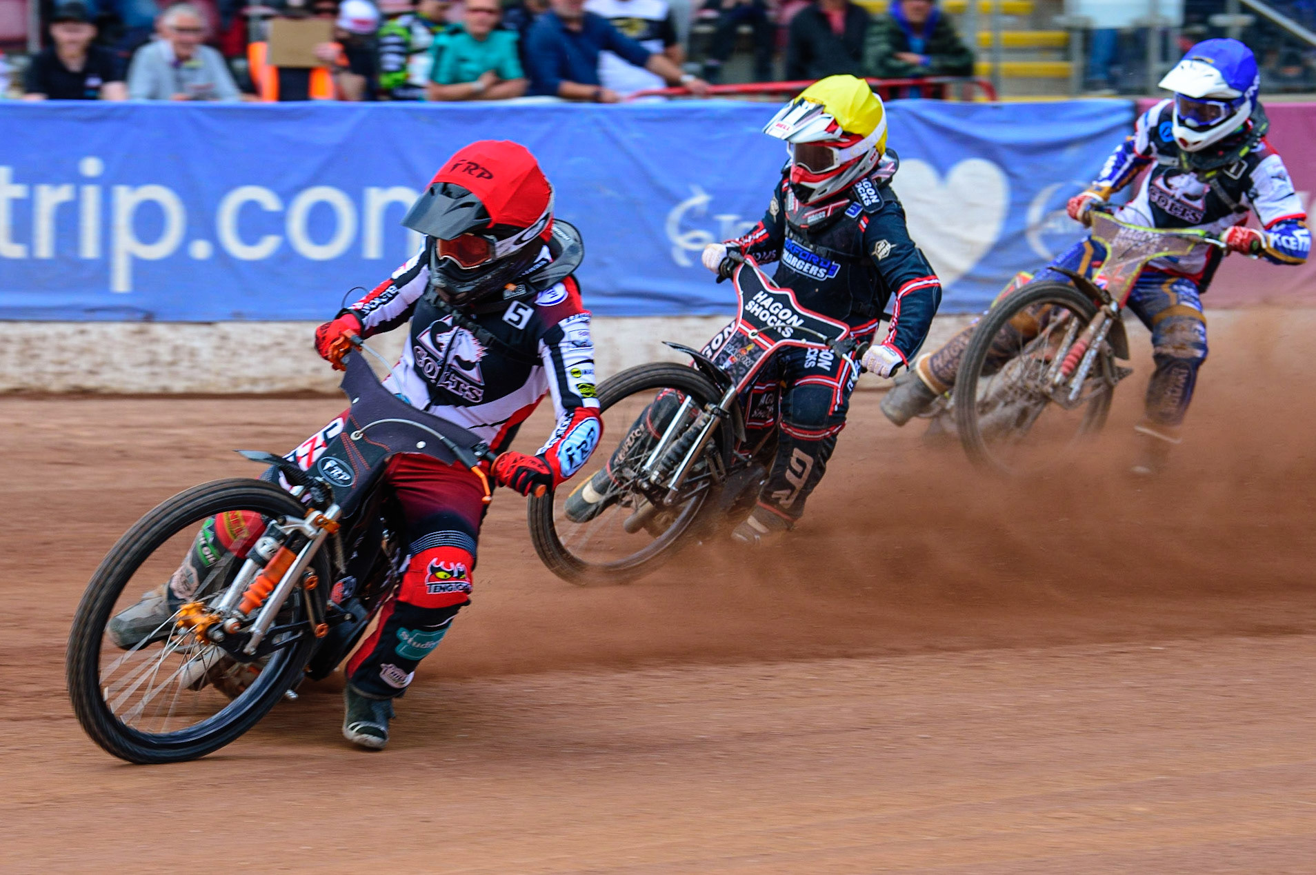 MANCHESTER, UK.  JUN 3RD  Jack Smith  (Red) leads Sam Hagon  (Yellow) and Jake Mulford   (Blue) during the National Development League match between Belle Vue Colts and Oxford Chargers at the National Speedway Stadium, Manchester on Friday 3rd June 2022. (Credit: Ian Charles | MI News)