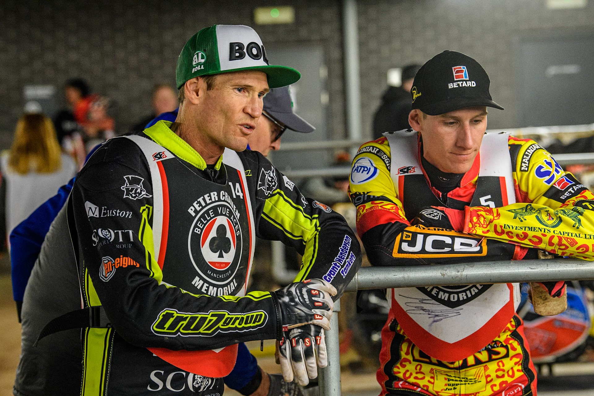 Australia's Jason Doyle (Left) chats with Australia's Max Fricke during the Peter Craven Memorial Trophy meeting at the National Speedway Stadium, Manchester on Monday 18th March 2024. (Photo: Ian Charles | MI News)