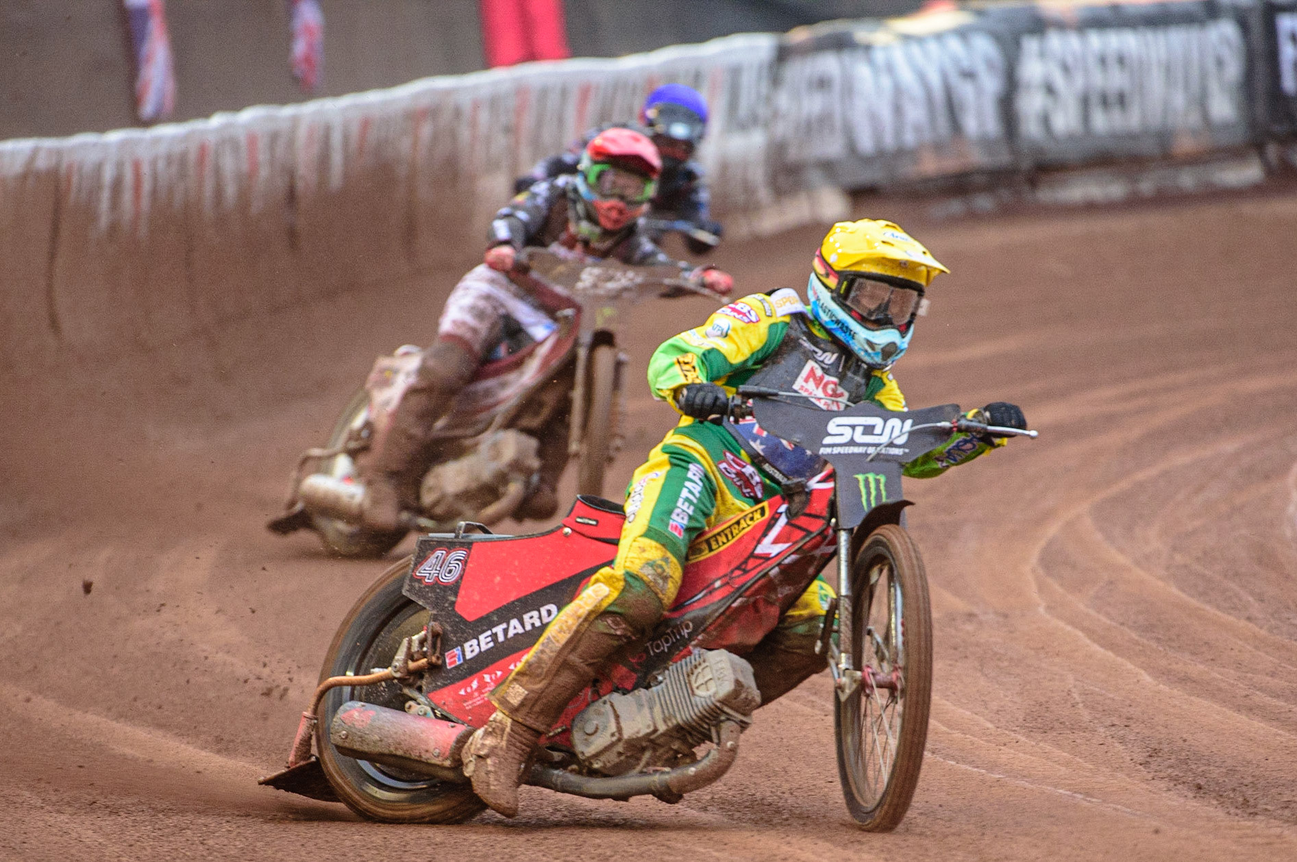 MANCHESTER, UK. OCT 17TH Max Fricke of Australia (Yellow) leads Andzejs Lebedevs (Red) and Olegs Mijailovs of Latvia (Blue) during the Monster Energy FIM Speedway of Nations at the National Speedway Stadium, Manchester on Sunday  17th October 2021. (Credit: Ian Charles | MI News)