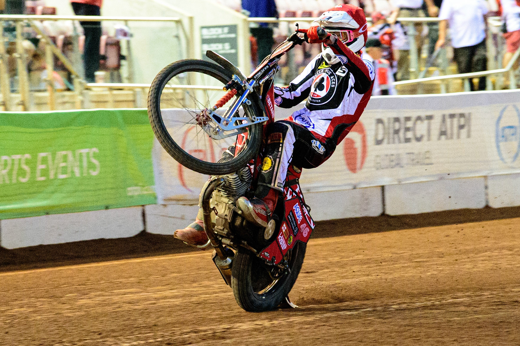 Max Fricke  celebrates with a wheelie during the SGB Premiership match between Belle Vue Aces and Ipswich Witches at the National Speedway Stadium, Manchester on Monday 8th August 2022. (Credit: Ian Charles | MI News)