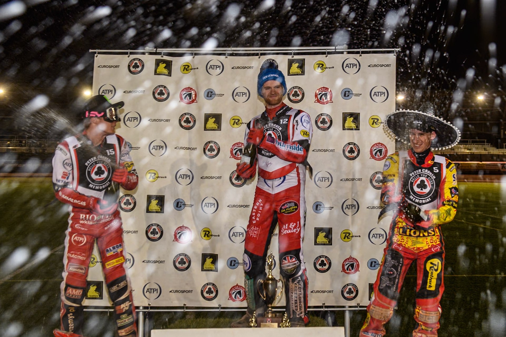 Champagne capers during the Peter Craven Memorial Trophy meeting at the National Speedway Stadium, Manchester on Monday 18th March 2024. (Photo: Ian Charles | MI News)