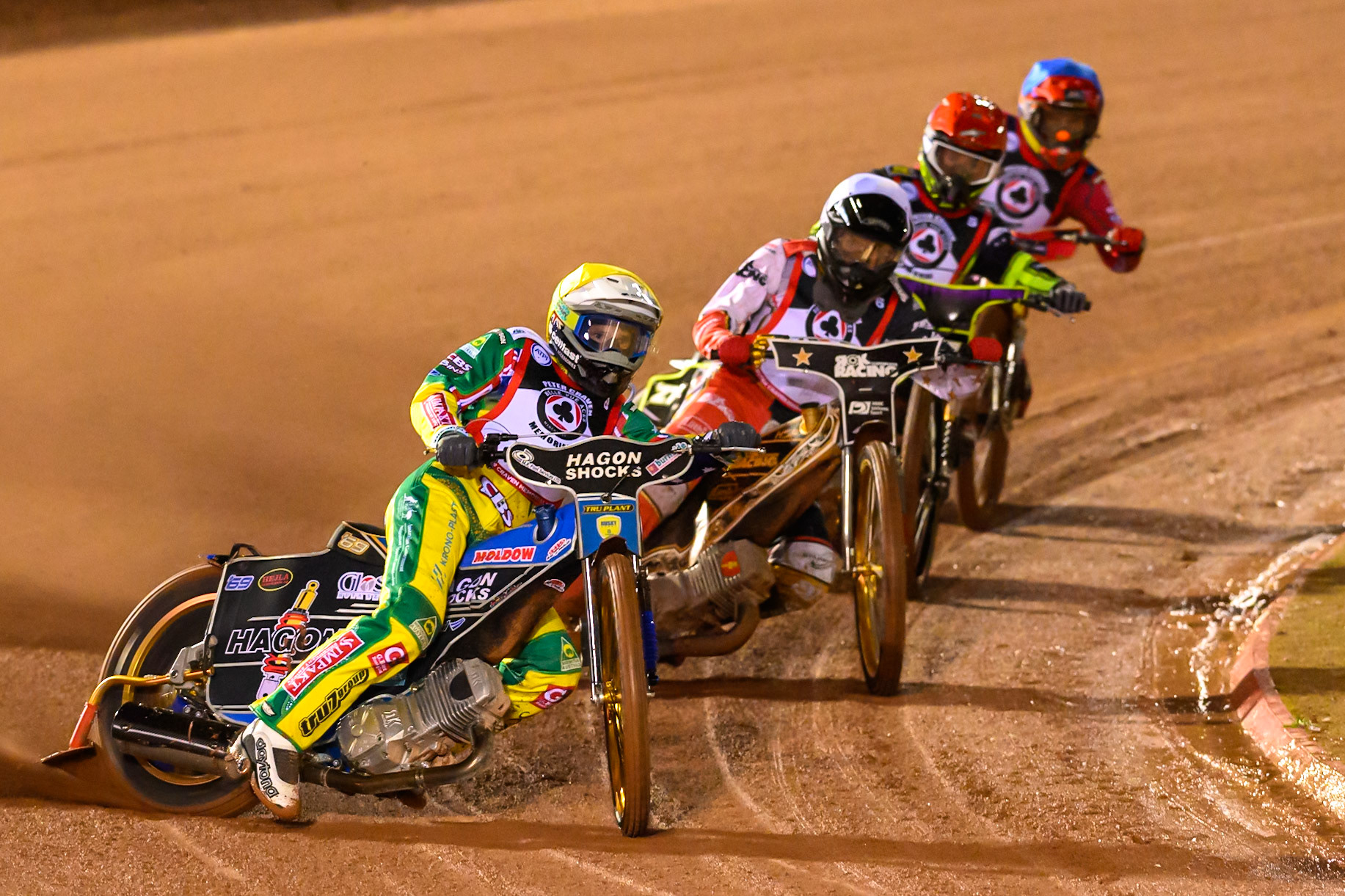 Jason Doyle  in Yellow leading Norick Blodorn in White, Tom Brennan in Red and Max Fricke  in Blue during the Peter Craven Memorial Trophy at the National Speedway Stadium, Manchester, on Monday 16th March 2026. (Photo: Ian Charles | MI News)