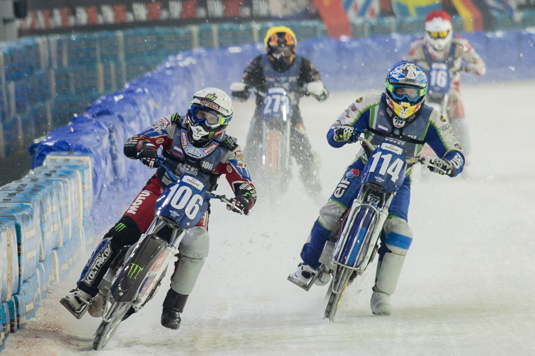 Photo: Ian Charles

Dmitri Koltakov (106) leads Dinar Valeev (114) with Jimmy Tuinstra (273) and Bart Schaap (16) behind 

FIM Ice Speedway Gladiators World Championship, Event 5.1, Ice Rink Thialf, Heerenveen, Netherlands Saturday  30  March  2019