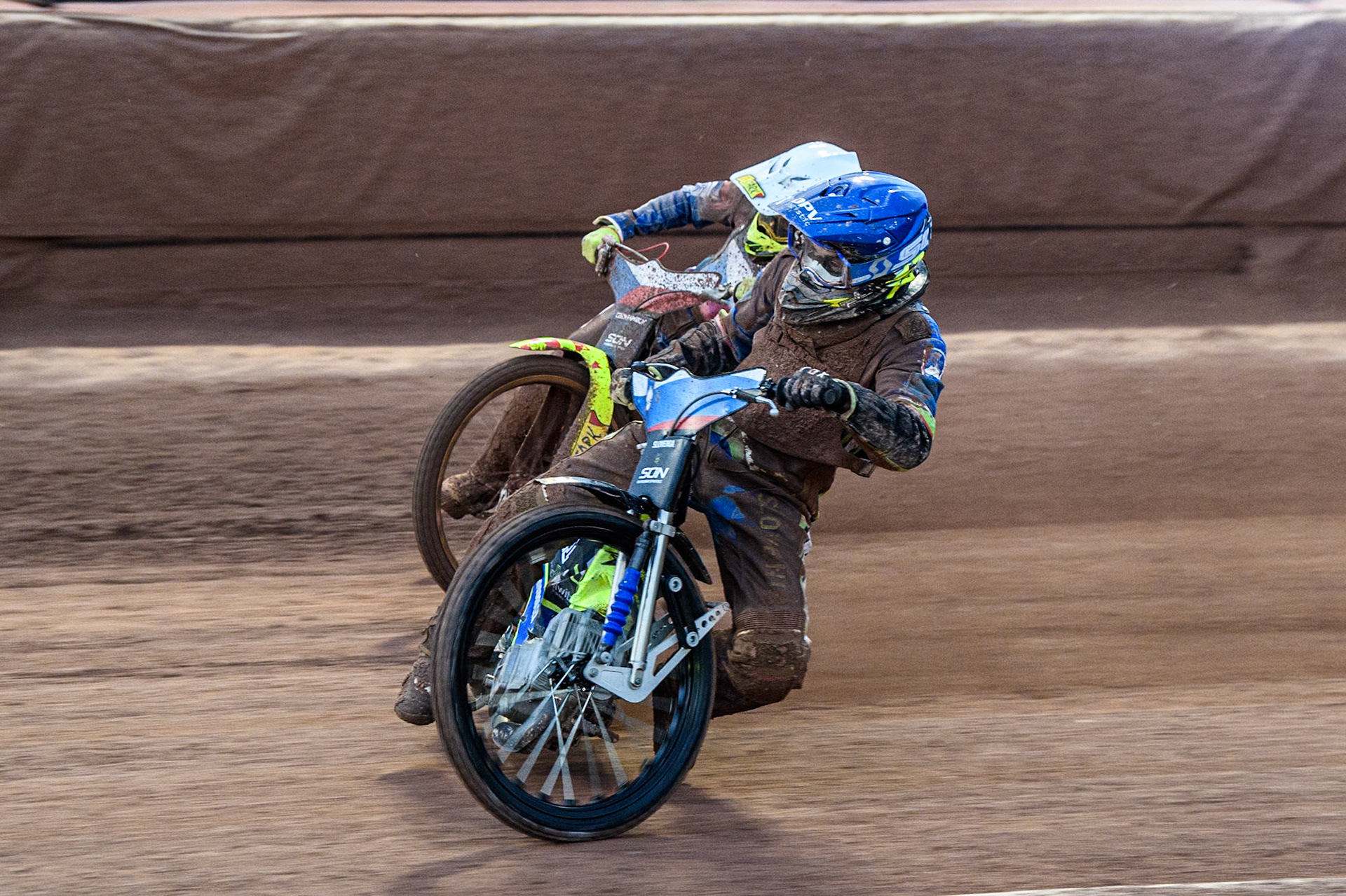 Matic Ivacic of Slovenia in Blue rides inside Vaclav Milik of The Czech Republic in White during the Monster Energy FIM Speedway of Nation Semi Final 2 at the National Speedway Stadium, Manchester on Wednesday 10th July 2024. (Photo: Ian Charles | MI News)