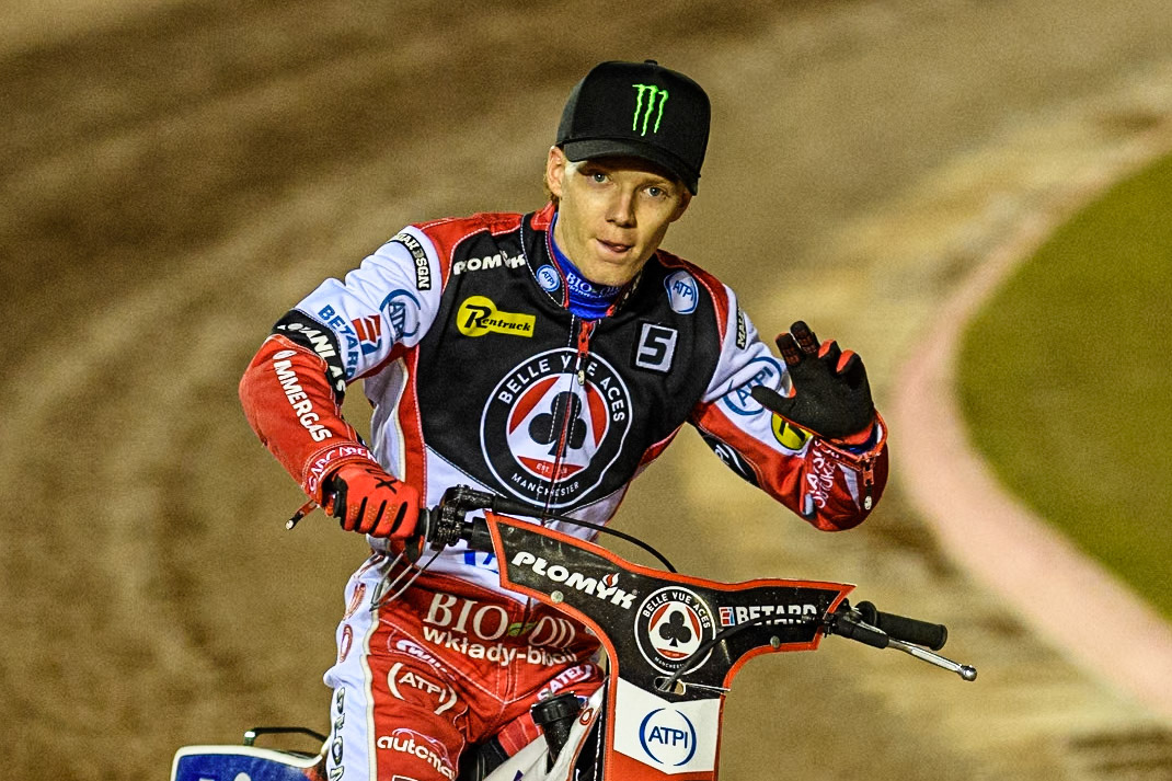 Belle Vue Aces' Dan Bewley on the parade lap during the Rowe Motor Oil Premiership Grand Final 1st Leg between Belle Vue Aces and Leicester Lions at the National Speedway Stadium, Manchester on Monday 23rd September 2024. (Photo: Ian Charles | MI News)