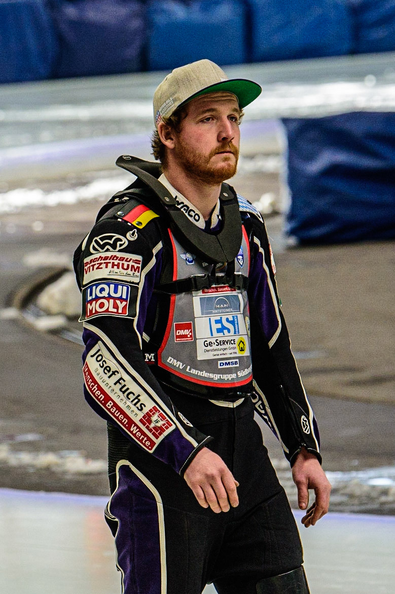 Benedikt Monn (17) (Reserve) on the pre-meeting parade during the Ice Speedway Gladiators World Championship Final 1 at Max-Aicher-Arena, Inzell, Germany on Saturday 18th March 2023. (Photo: Ian Charles | MI News)