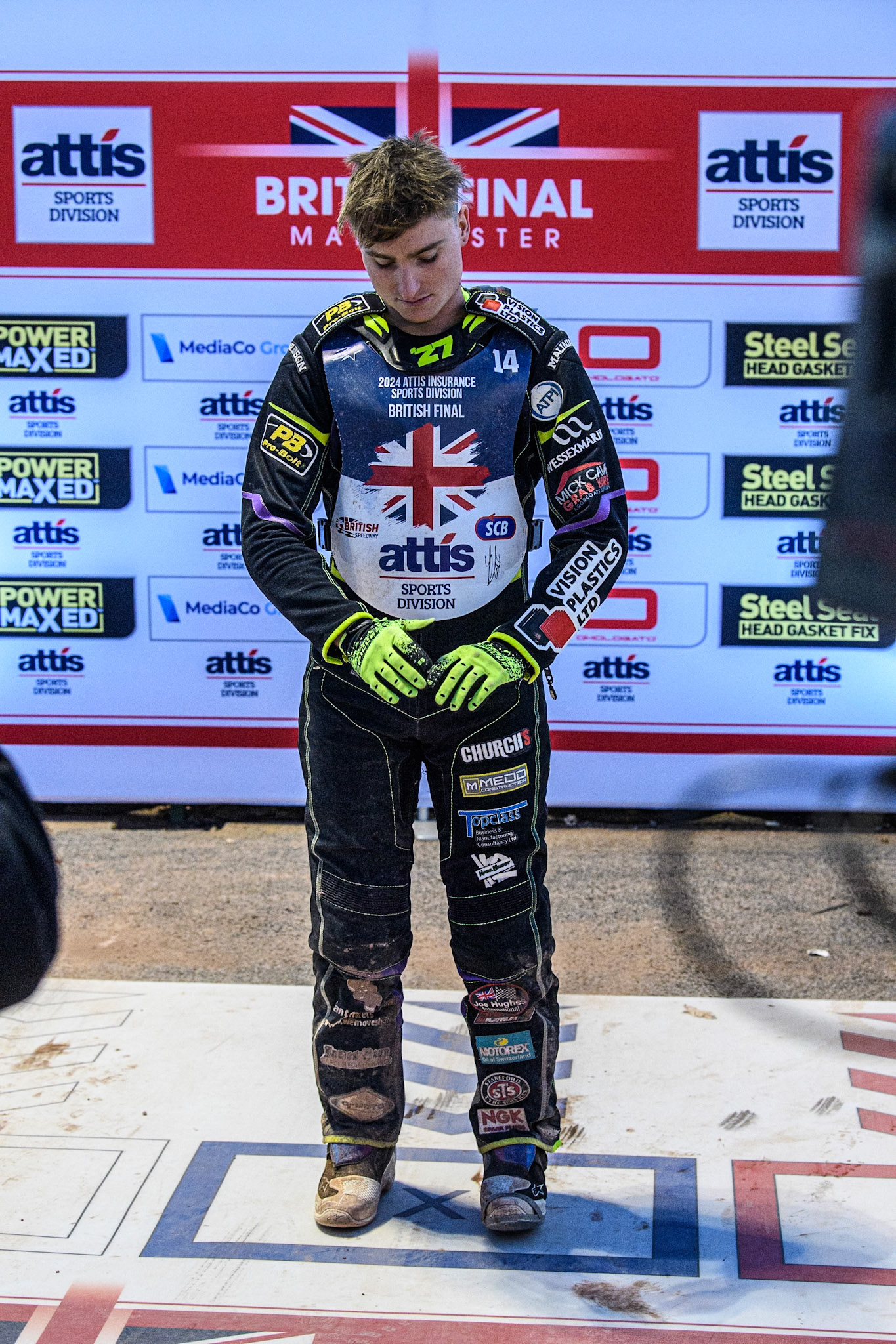 Tom Brennan gets first pick and takes the blue gate for the final during the Attis Insurance Sports Division British Speedway Championship Final at the National Speedway Stadium, Manchester on Saturday 8th June 2024. (Photo: Ian Charles | MI News)