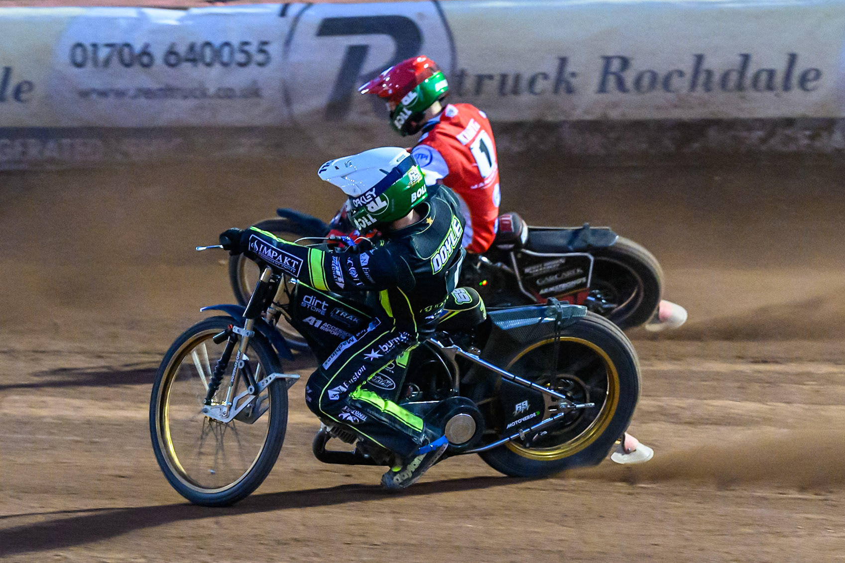 Jason Doyle of Ipswich Witches  in White rides inside Brady Kurtz of Belle Vue Aces  in Red during the Rowe Motor Oil Premiership match between Belle Vue Aces and Ipswich Witches at the National Speedway Stadium, Manchester on Monday 4th August 2025. (Photo: Ian Charles | MI News)