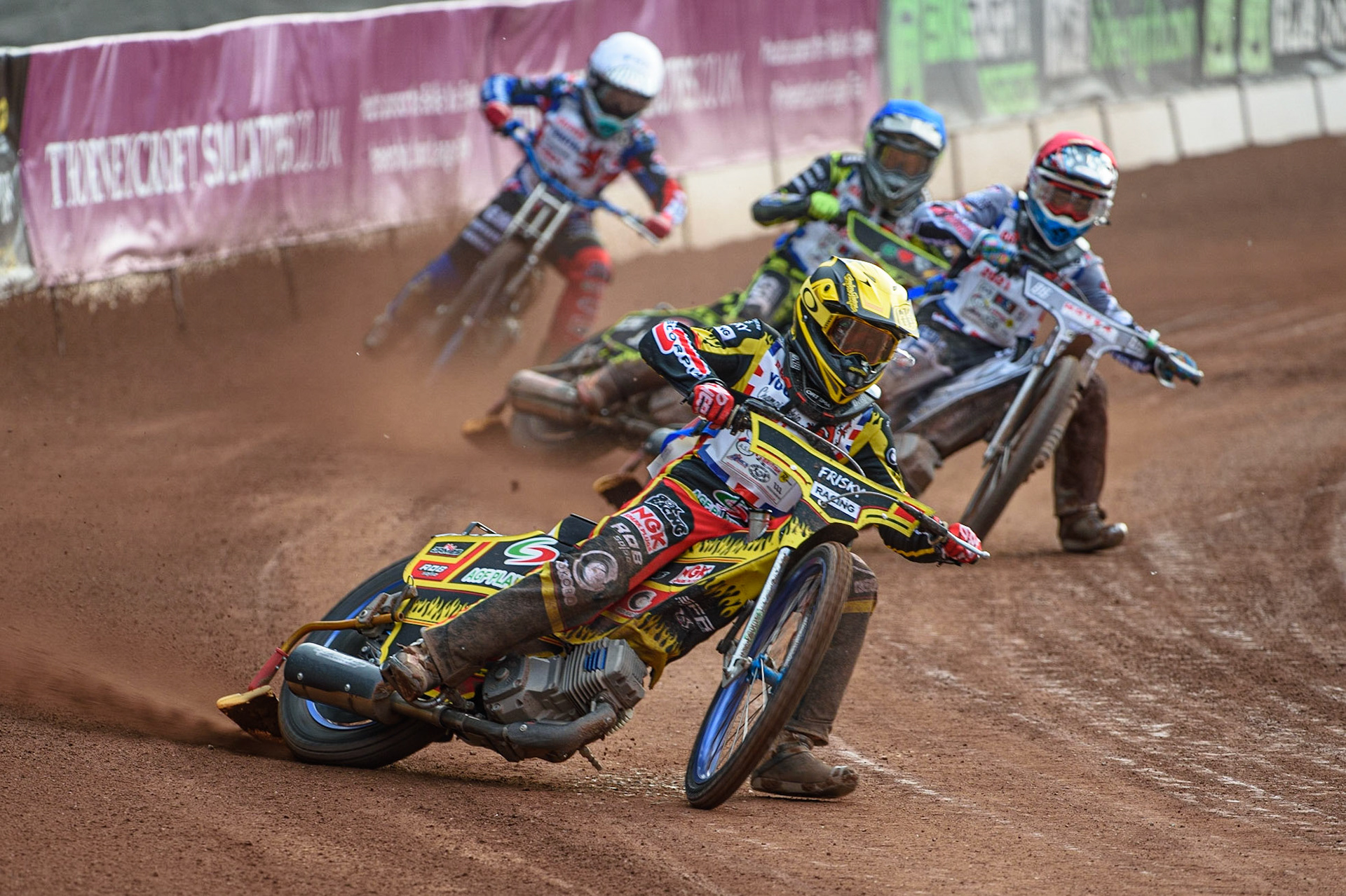 MANCHESTER, UK. MAY 28TH   Max James (Yellow) leads Sonny Springer  (Red) Ace Pijper (Blue) and Charlie Wood (White) during the British Junior Championship at the National Speedway Stadium, Manchester on Friday 28th May 2021. (Credit: Ian Charles | MI News)
