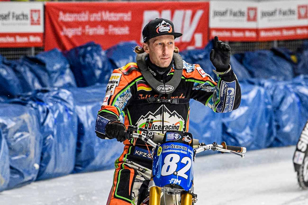 Germany's Markus Jell (82) during the FIM Ice Speedway Gladiators World Championship Final 1 at the Max-Aicher-Arena, Inzell on Saturday 23 March 2024. (Photo: Ian Charles | MI News)