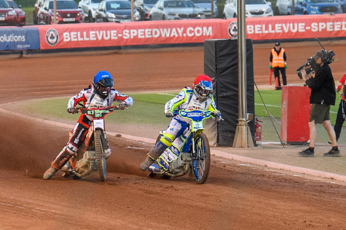 Chris Harris in Red and Danny King in Blue leave the start during the Attis Insurance Sports Division British Final at the National Speedway Stadium, Manchester on Monday 12th May 2025. (Photo: Ian Charles | MI News)