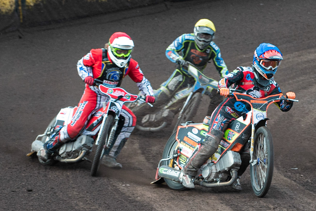 Photo: Ian Charles

Jordan Palin  (Blue) leads Luke Chessell (Red) and Matt Marson (Yellow)

National Development League 4 Team Tournament, Loomer Road Stadium, Stoke, Saturday 13 July  2019