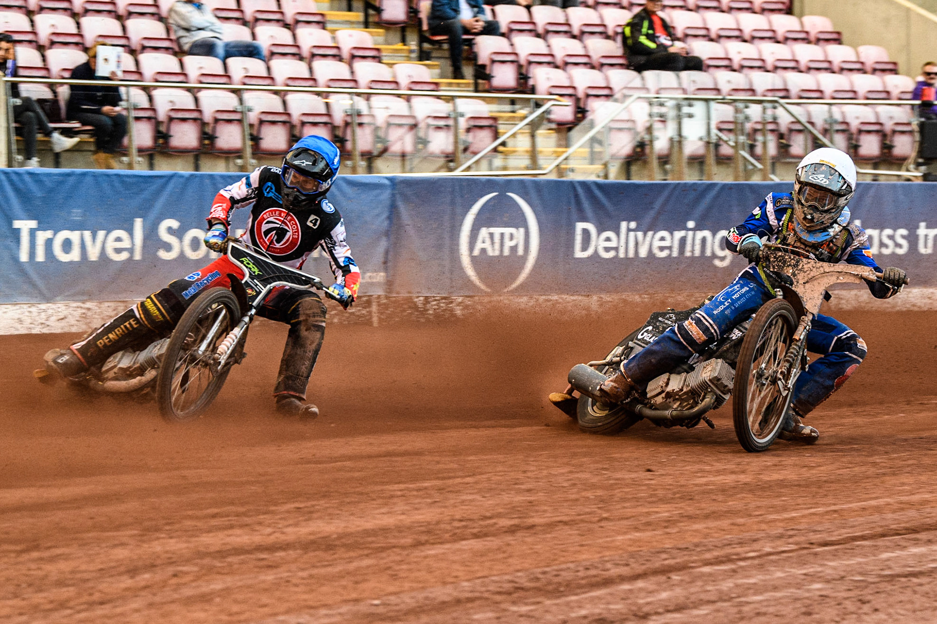 Sam McGurk (White) inside Matt Marson (Blue) during the National Development League match between Belle Vue Colts and Mildenhall Fens Tigers at the National Speedway Stadium, Manchester on Friday 26th May 2023. (Photo: Ian Charles | MI News)