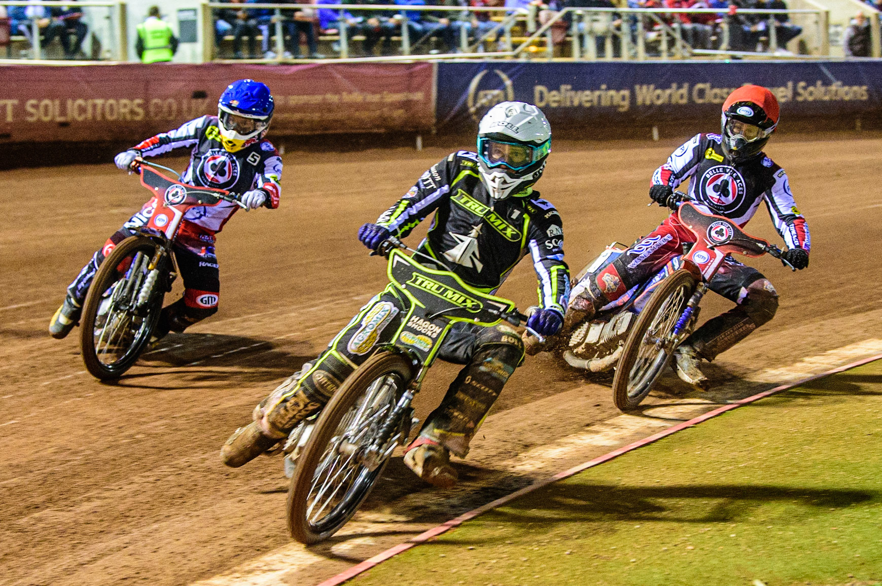 Jason Doyle  (White) leads Robert Lambert (Blue) and Brady Kurtz  (Red) during the SGB Premiership Semi Final 2nd Leg between Belle Vue Aces and Ipswich Witches at the National Speedway Stadium, Manchester on Monday 3rd October 2022. (Credit: Ian Charles | MI News)