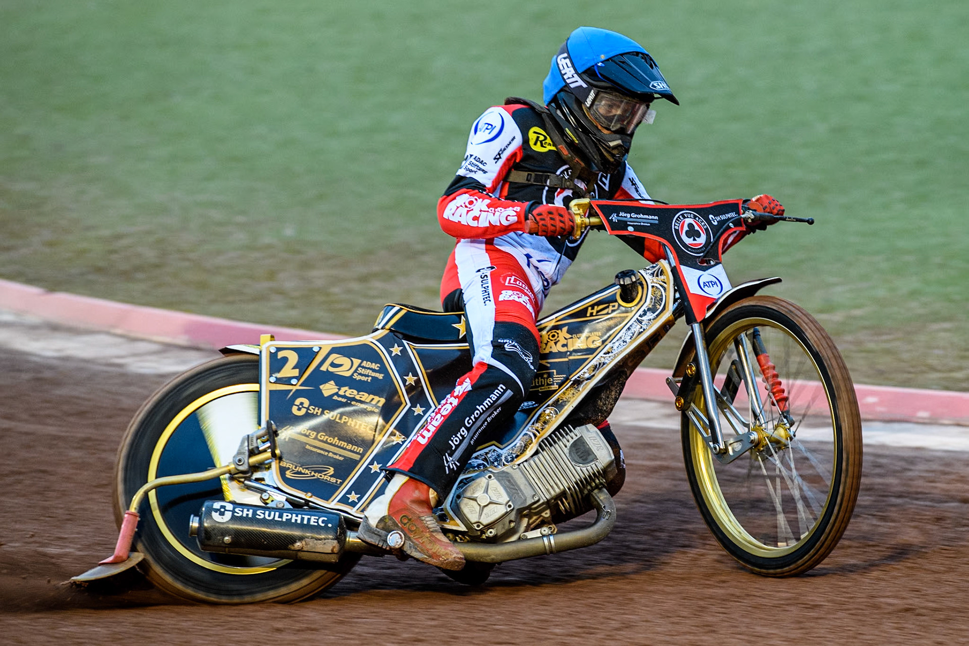 Norick Blödorn of Belle Vue Aces in action during the Rowe Motor Oil Premiership match between Belle Vue Aces and Leicester Lions at the National Speedway Stadium, Manchester on Saturday 6th April 2024. (Photo: Ian Charles | MI News)