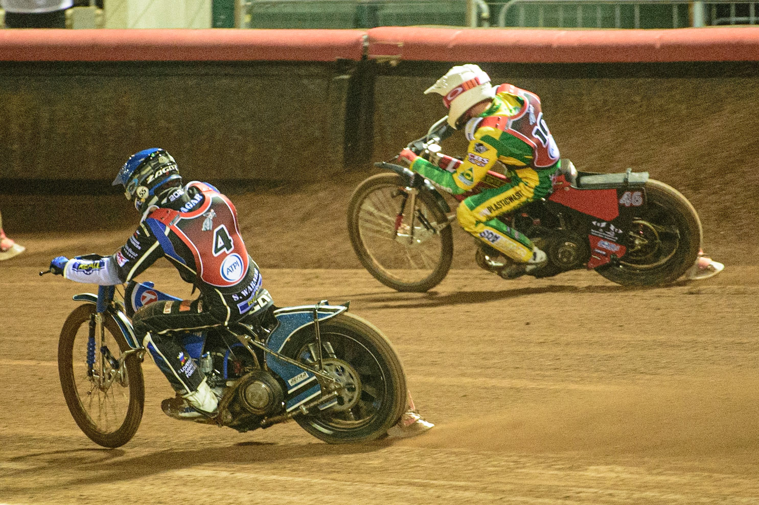 MANCHESTER, UK. MAR 21ST. Matej Žagar  (Blue) inside Max Fricke (White) during the ATPI Peter Craven Memorial Trophy at the National Speedway Stadium, Manchester on Monday 21st March 2022. (Credit: Ian Charles | MI News)