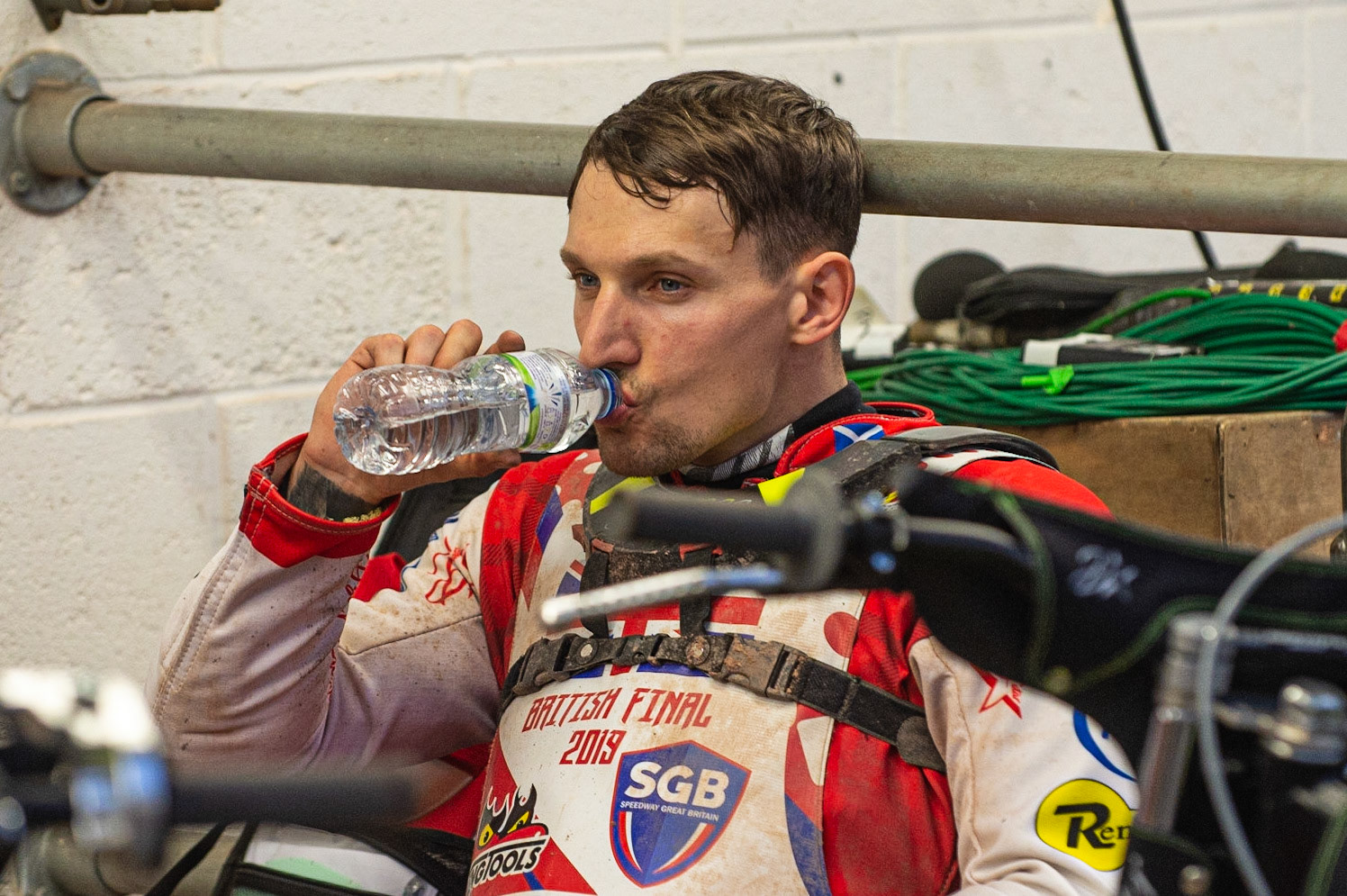 Photo: Ian Charles

Craig Cook takes a drink 

Sports Insure British Final,  Belle Vue National Speedway Stadium, Manchester Monday 29  July  2019