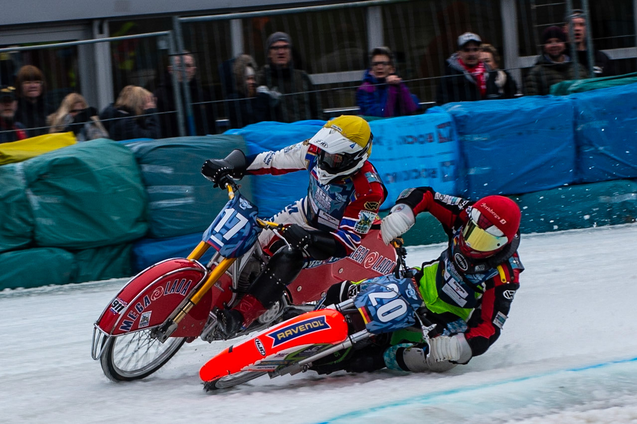 BERLIN GERMANY  - March 1  Johan Weber (Red) of Germany forces his way past Igor Kononov (Yellow)  of Russia during the Ice Speedway of Nations at the Horst-Dohm-Eisstadion, Berlin,  on Sunday 1 March 2020. (Credit: Ian Charles | MI News)