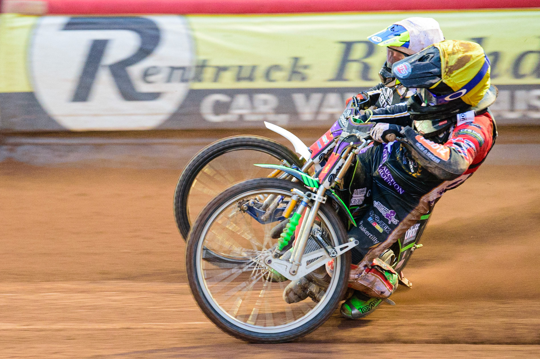 Benjamin Basso  (Yellow) inside team mate Chris Harris  (White) during the SGB Premiership match between Belle Vue Aces and Peterborough at the National Speedway Stadium, Manchester on Monday 25th July 2022. (Credit: Ian Charles | MI News