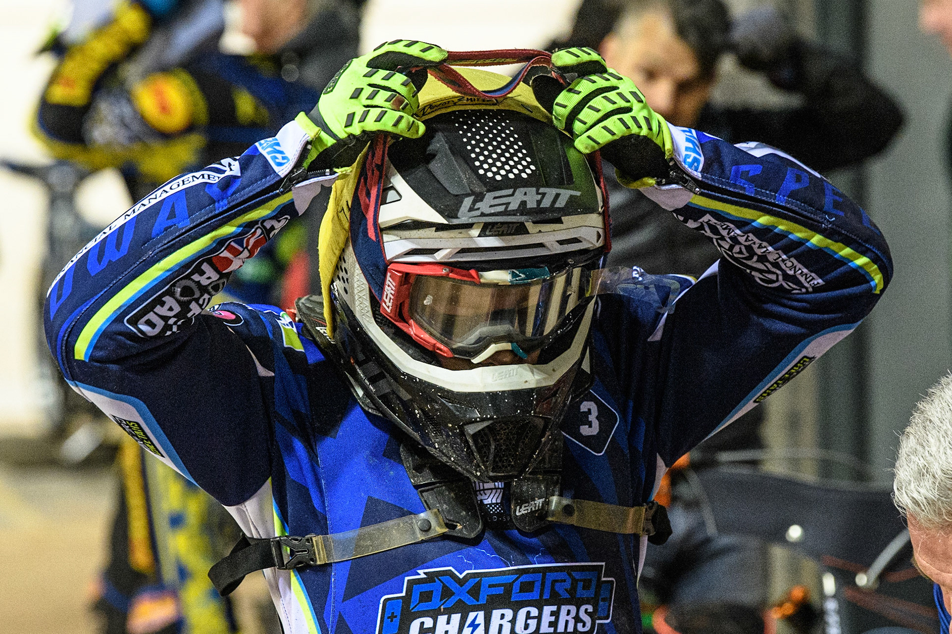 Ryan Kinsley  gets ready for the final heat during the National Development League match between Belle Vue Colts and Oxford Chargers at the National Speedway Stadium, Manchester on Friday 12th May 2023. (Photo: Ian Charles | MI News)