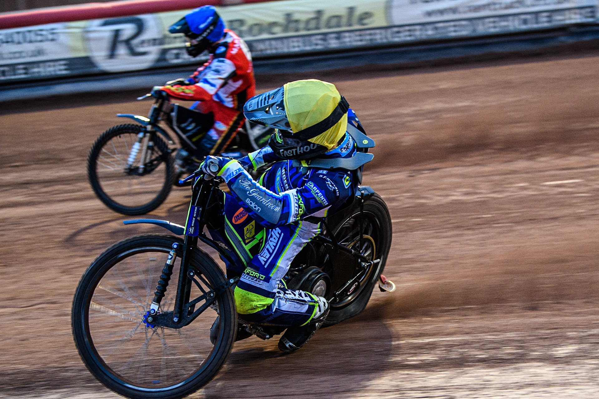 Jacob Clouting  (Yellow) inside Matt Marson  (Blue) during the National Development League match between Belle Vue Colts and Oxford Chargers at the National Speedway Stadium, Manchester on Friday 12th May 2023. (Photo: Ian Charles | MI News)