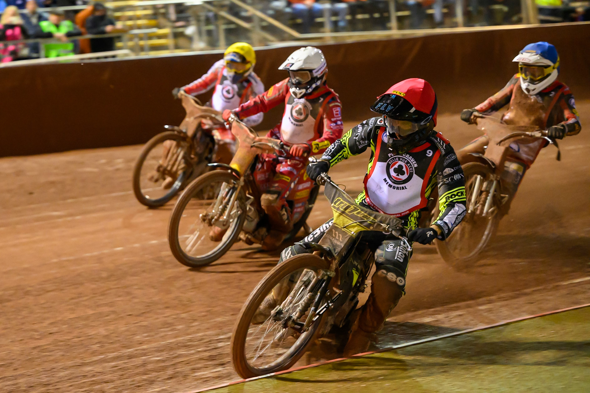 Adam Ellis  in Red rides inside Max Fricke in White and Rasmus Jensen  in Yellow with Peter Kildemand  in Blue behind during the Peter Craven Memorial Trophy at the National Speedway Stadium, Manchester, on Monday 16th March 2026. (Photo: Ian Charles | MI News)